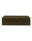 The Sarreid Gatsburg Shagreen Box features an olive green textured leather finish and a gold round knob, highlighting transitional style against a white background.