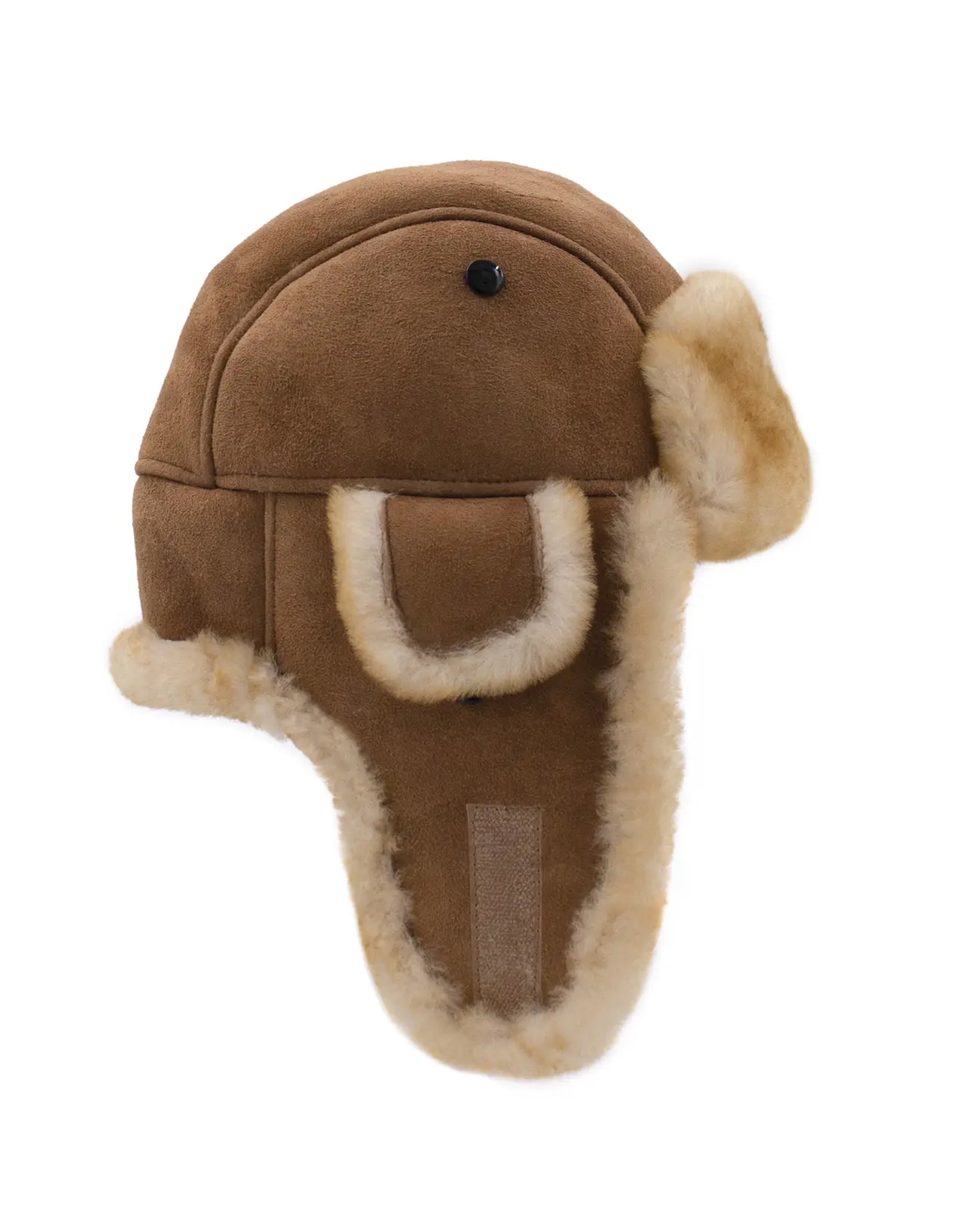 The Faire Shearling Trooper Hat features real brown leather, cream fleece lining, and ear flaps, shown in a side view against a white background.