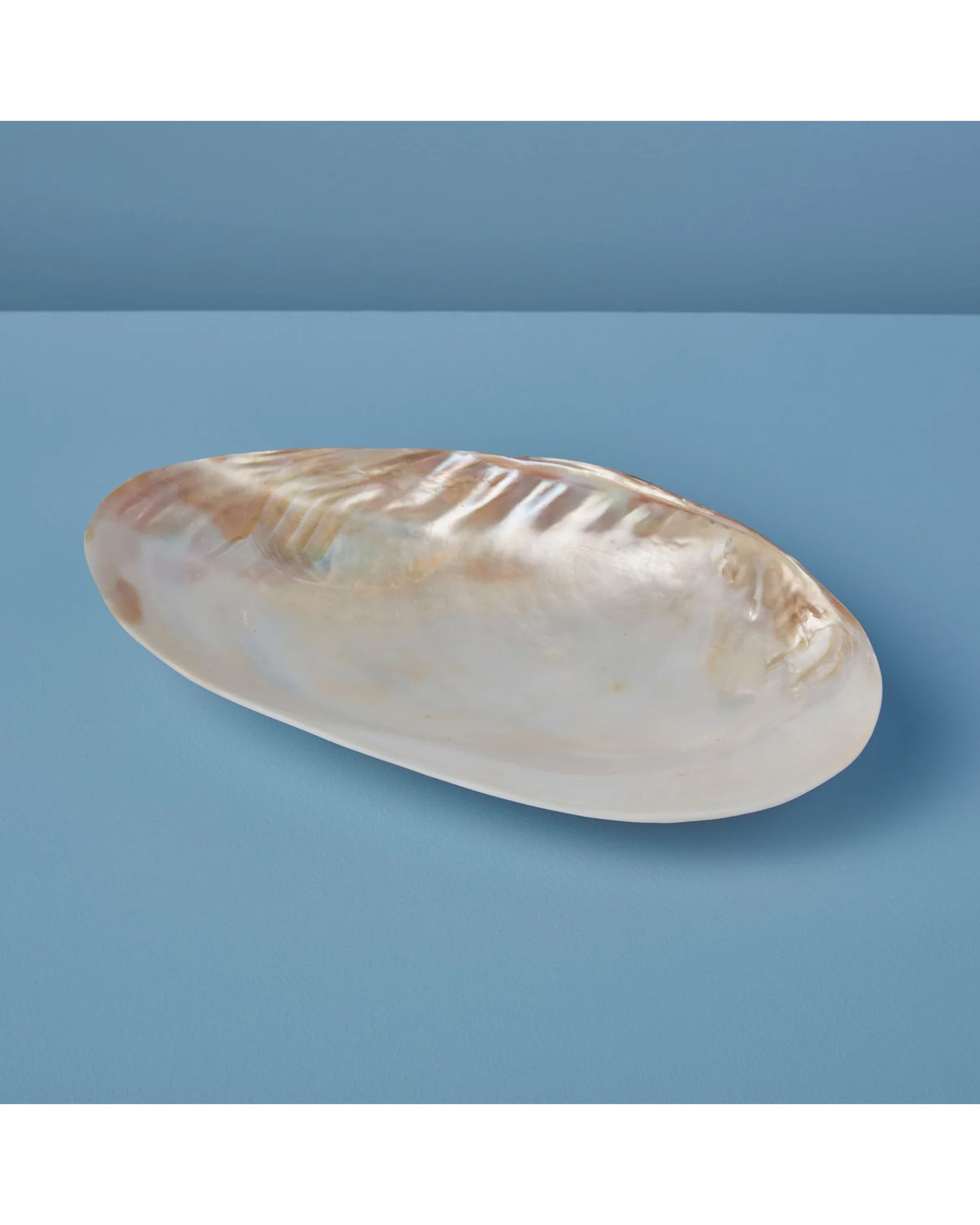 The Be Home 07-01 Seashell Footed Dish features an iridescent, oval shape and footed base—ideal for adding ethically crafted nautical decor to your space.