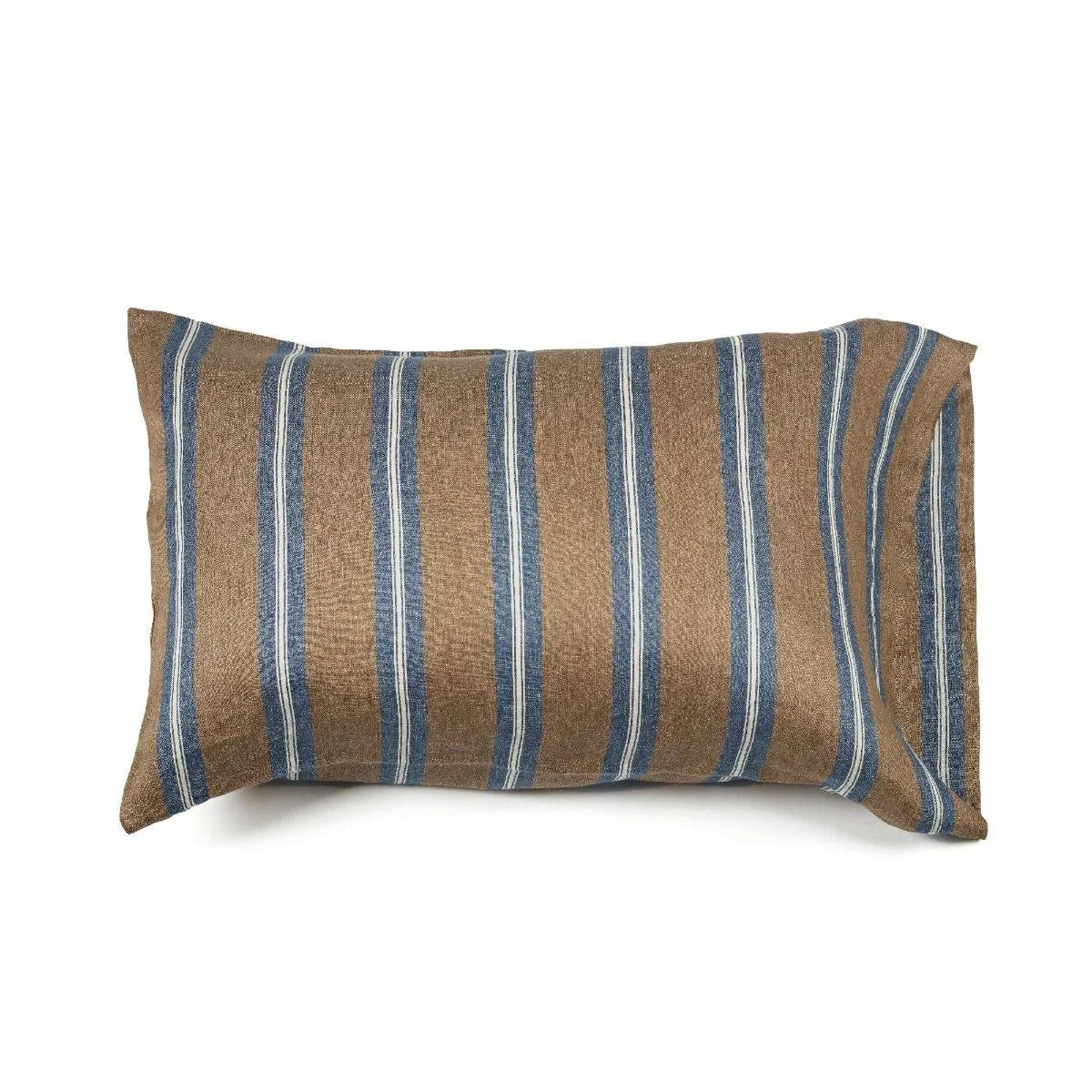 The Salem Pillow Case from Libeco Home features a brown background with vertical blue and gray stripes—ideal for enhancing your bed linen ensemble. Shown here against a plain white background.