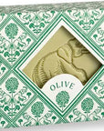 A Faire Hand and Body Soap Bar in a decorative green and white box with a cut-out window showing an embossed elephant and a label reading "OLIVE." Crafted by a Provence soap maker.