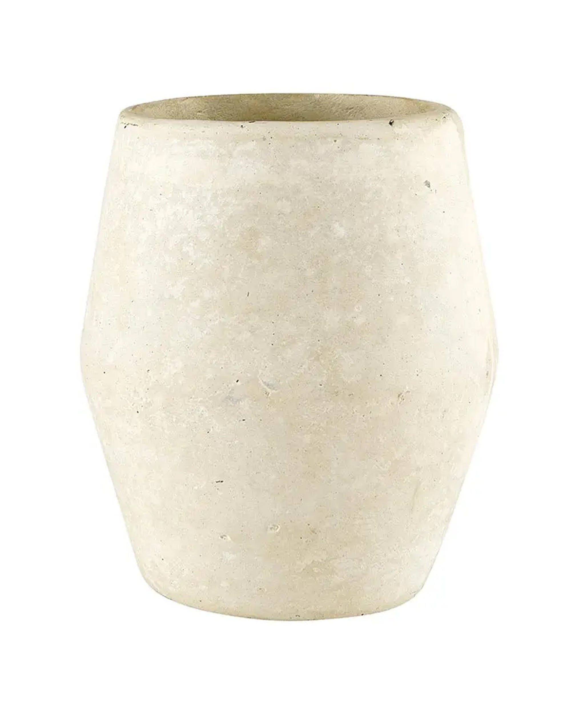Natural beige cylindrical paper mache vase with wide base and narrow top by Faire, shown on a white background.