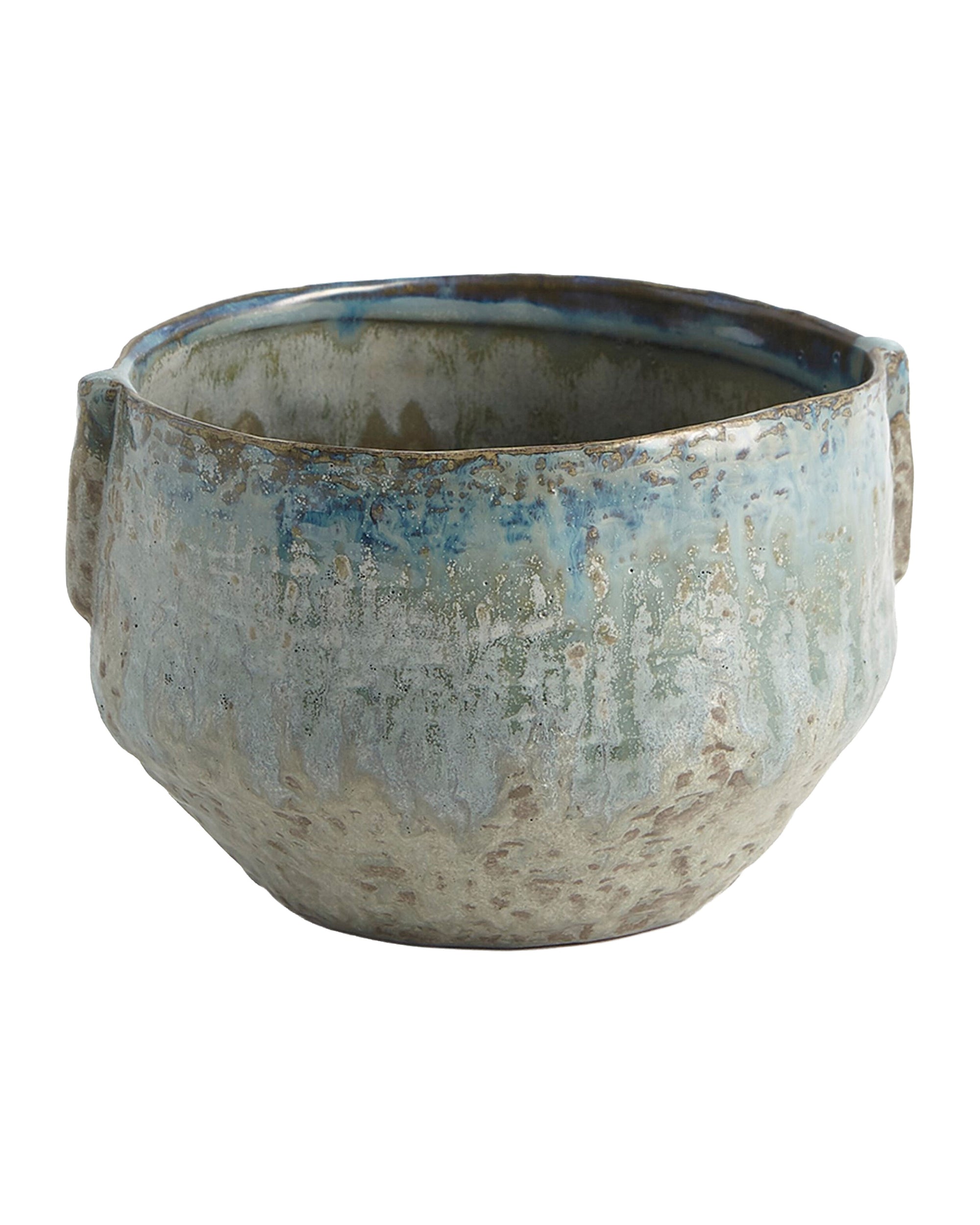 The Pinch Pot Planter Seafoam L by Global Views is a round, handcrafted ceramic bowl with a textured surface, seafoam glaze in muted tones, two small handles, and watertight design—ideal for use as a unique planter.