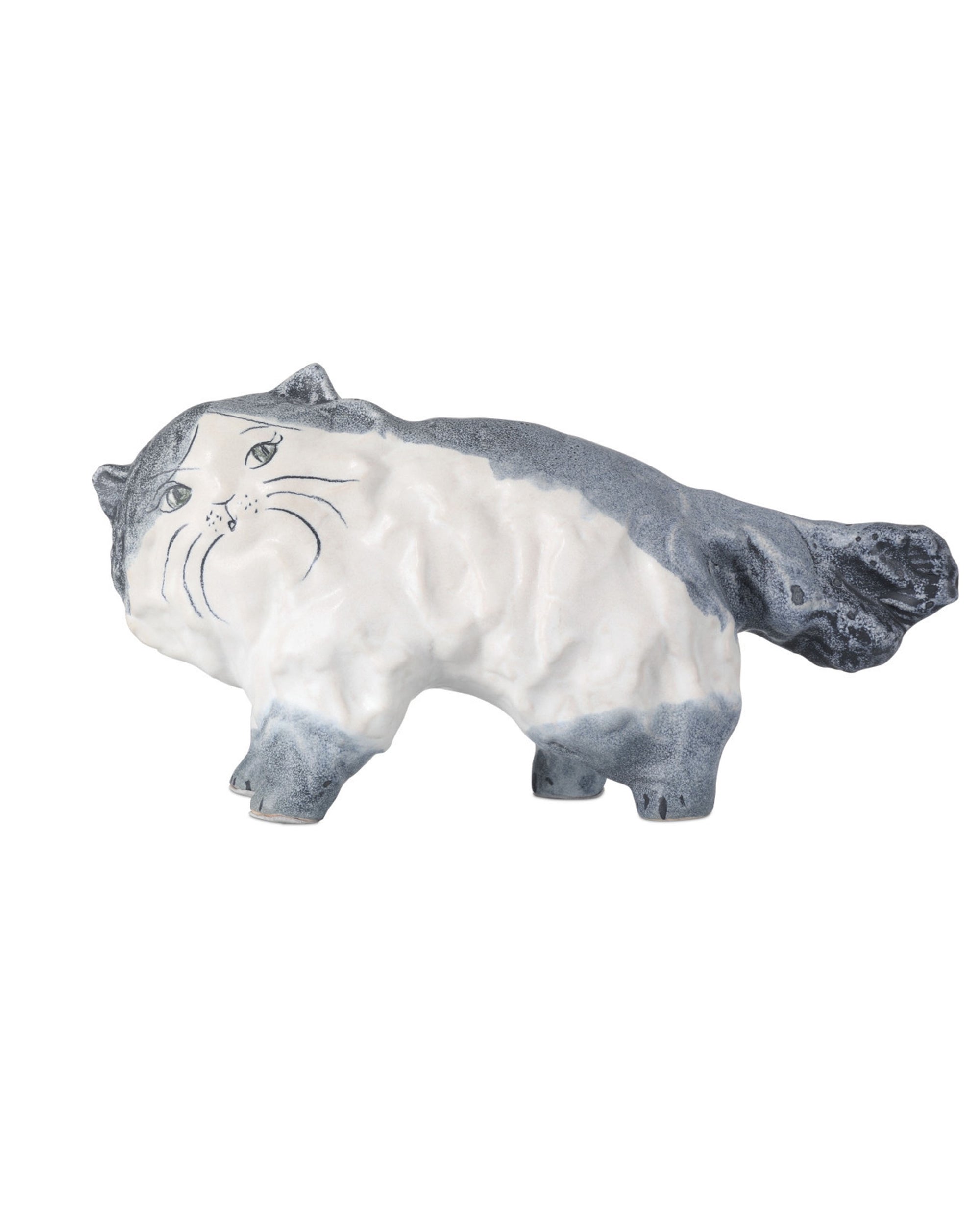 The Siamese Cat by Currey & Company, Inc. is a hand-painted figurine with a white body, blue-gray markings, simple facial details, and a bushy tail. Standing on all fours, it evokes the elegance of blue and white porcelain.