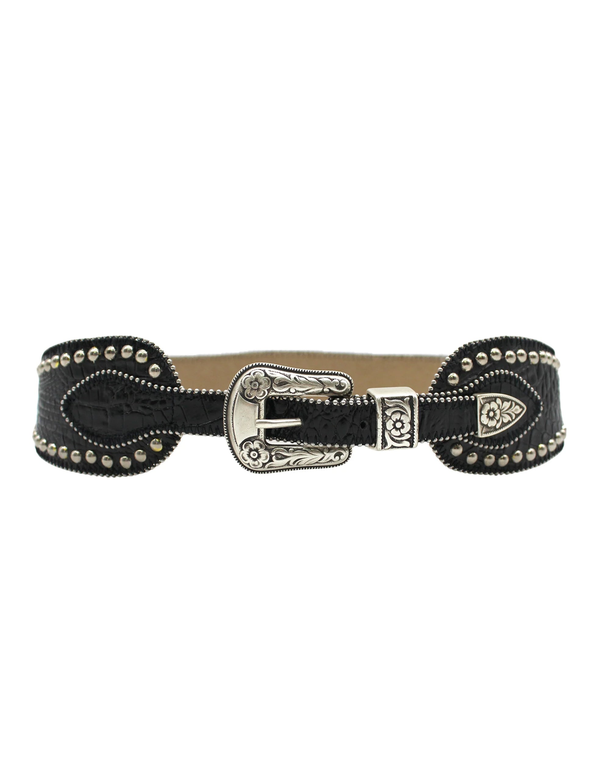 The Silver Western Croc Belt by Streets Ahead Inc features croc-embossed leather, silver studs on the edges, and a floral-engraved western buckle. Handcrafted in the USA and shown against a white background.