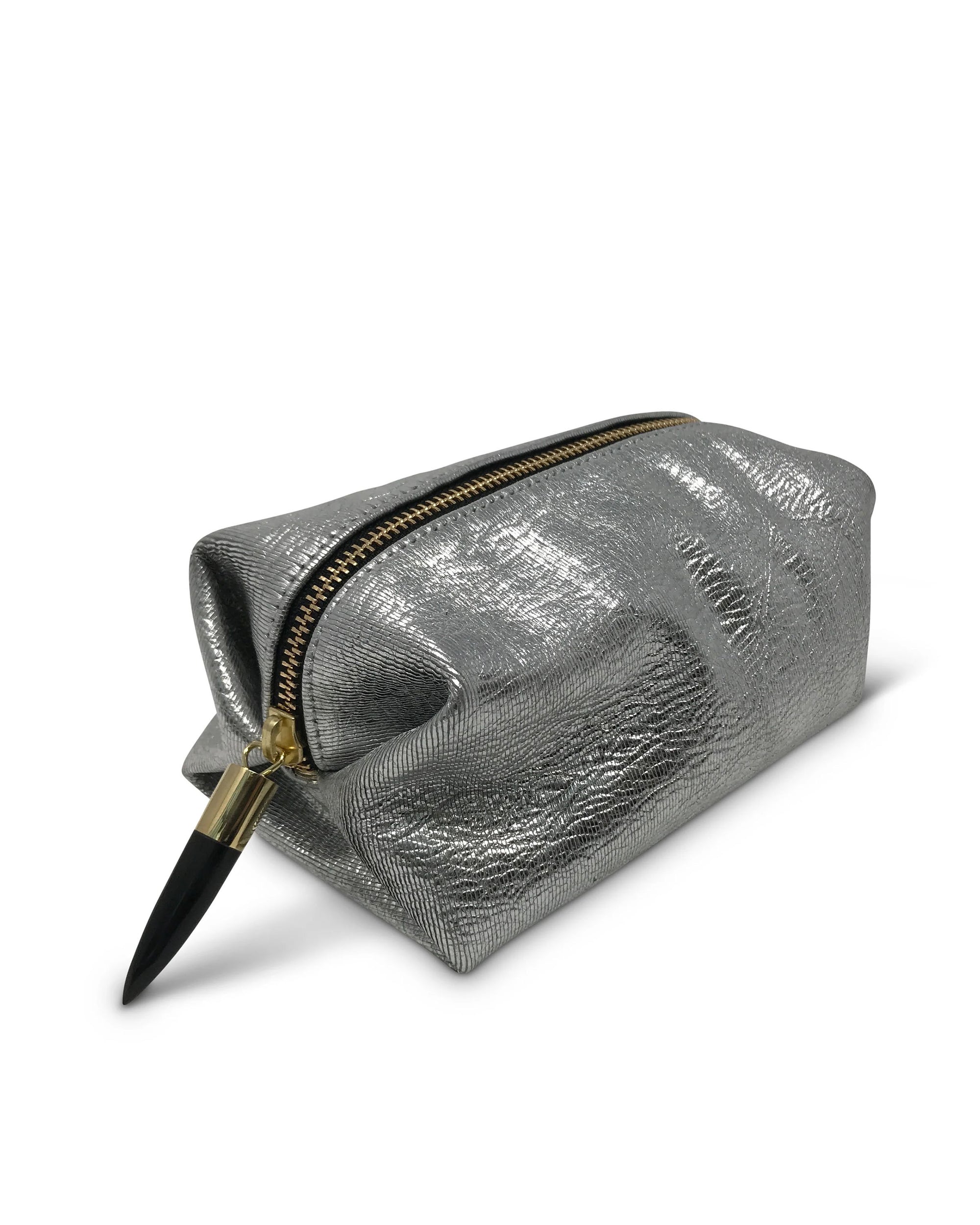 Kempton & Co. Cosmetic Case—a silver, metallic rain-textured rectangular pouch with a black and gold Kenyan Horn zipper toggle—displayed on a white background.
