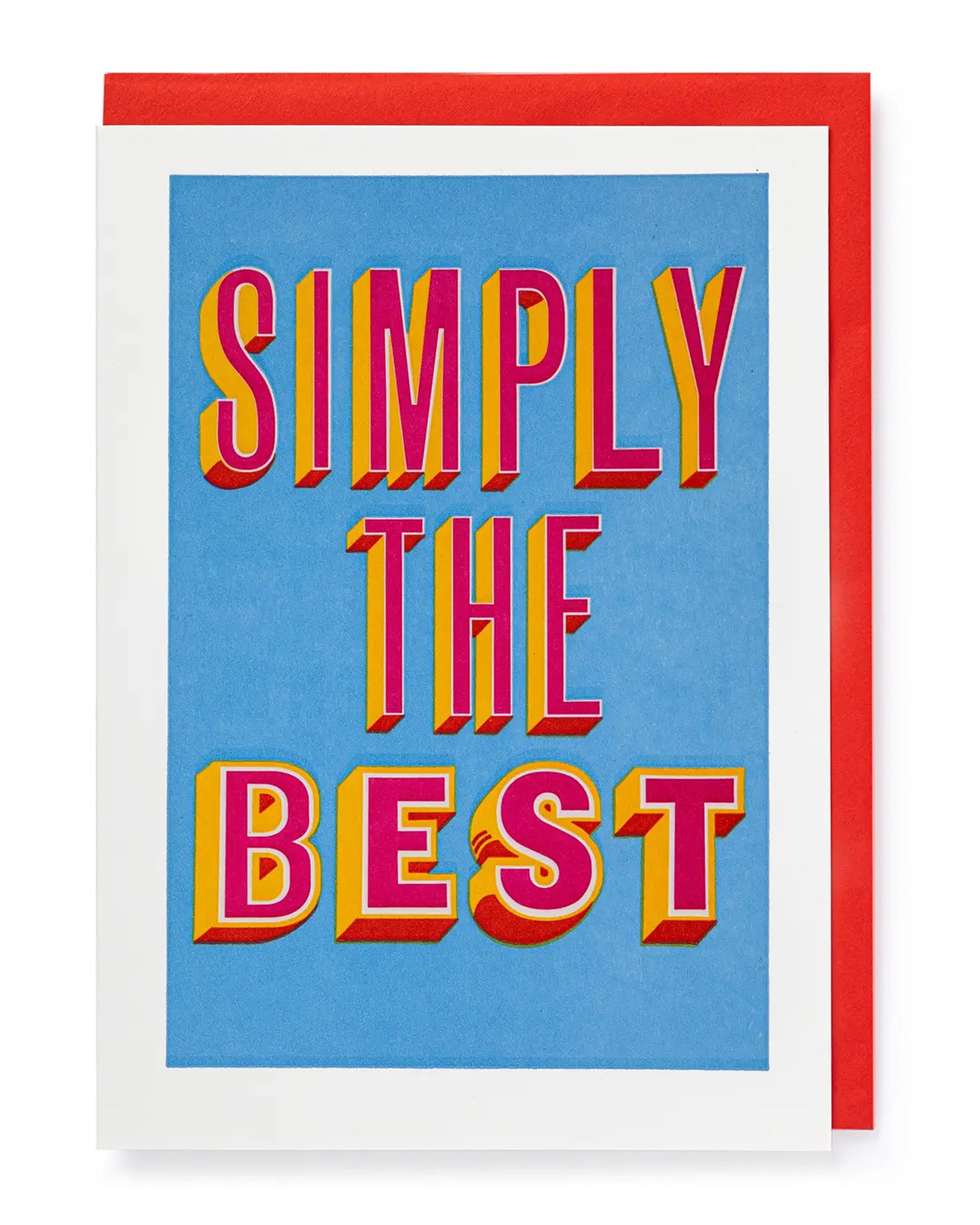 The Faire Simply The Best Card features bold, 3D-style yellow and red letters on a blue background with a white border and comes with a red envelope.