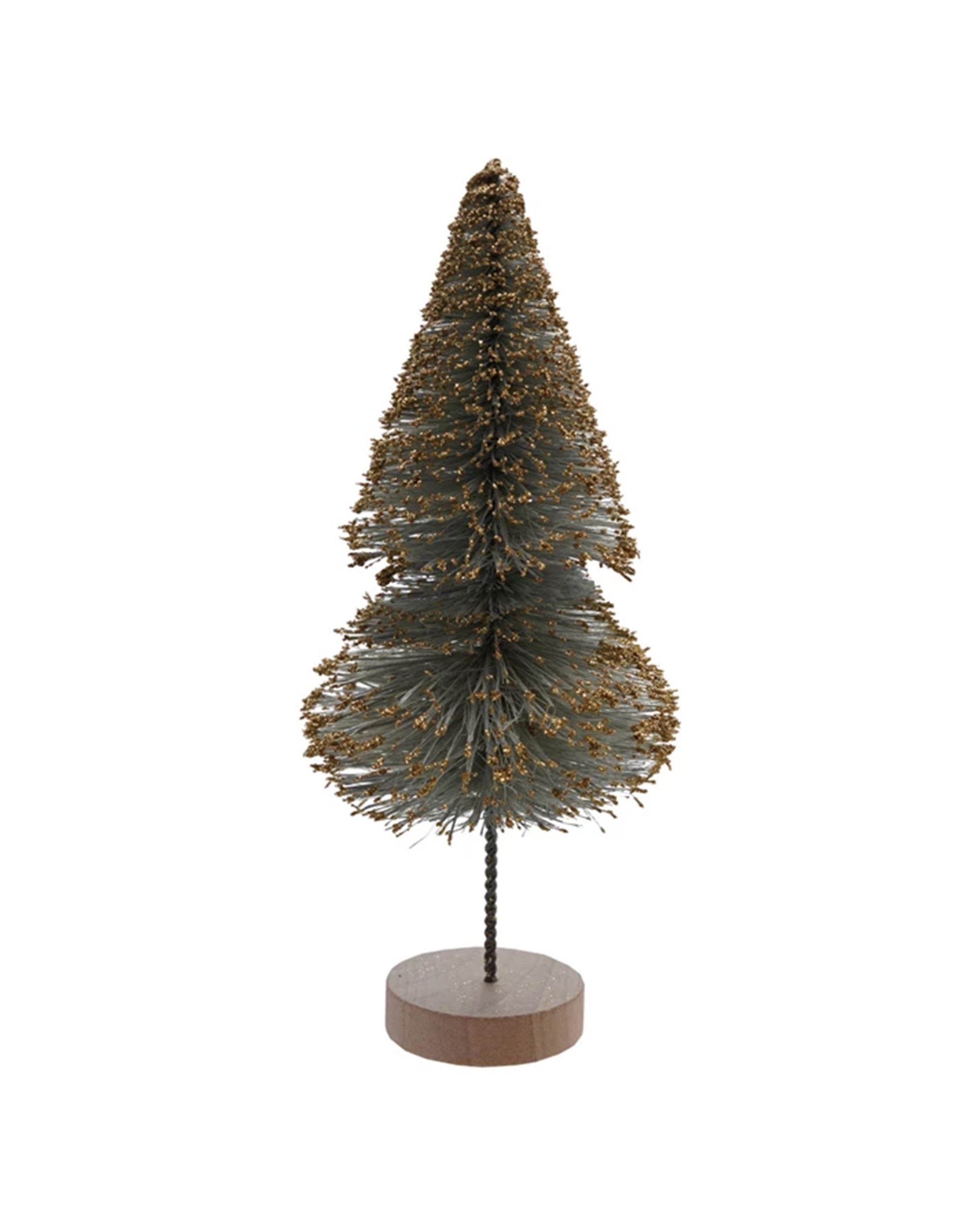 The Creative Co-op 8" Christmas Tree features mint sisal bristles with gold glitter on a round wooden base, perfect for festive decor.