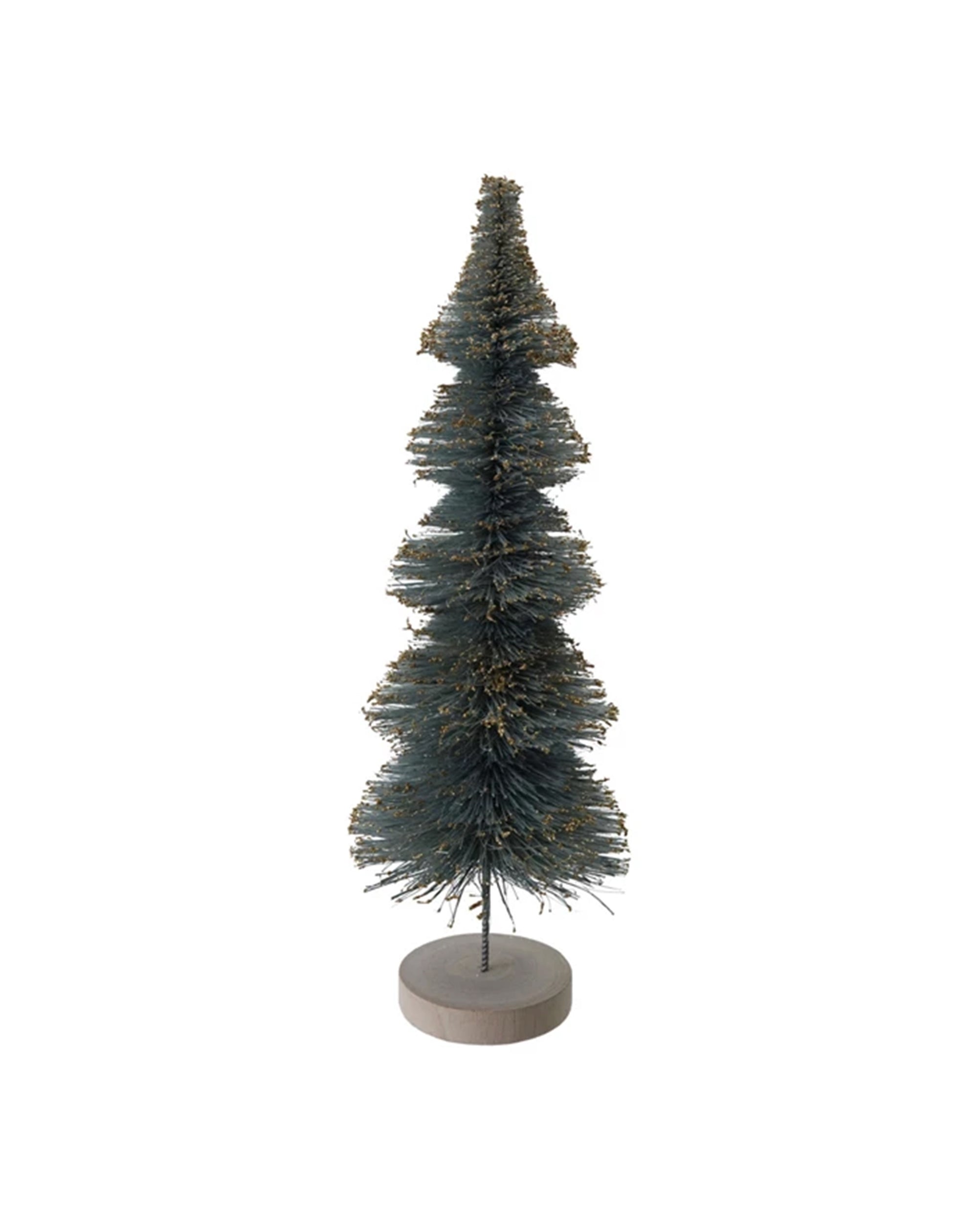 The Creative Co-op 14" Christmas Tree Mint features dark green sisal bristles dusted with gold glitter and is set on a round, light-colored wooden base.