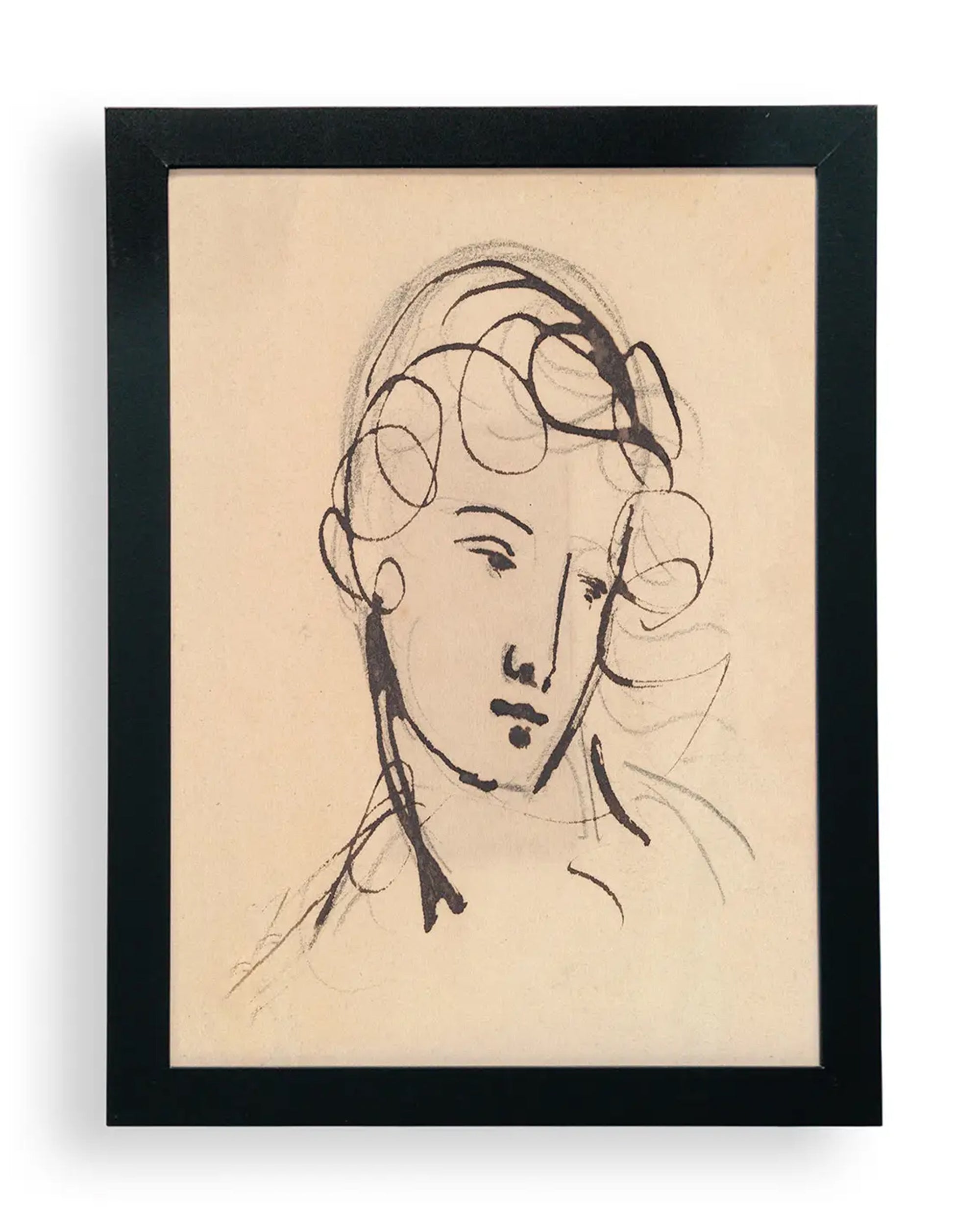 The Haydon: Portrait study by Faire is a limited-edition framed sketch of a person's head and shoulders, drawn in expressive black lines on matte paper, featuring soft curls and a contemplative look.