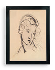 The Haydon: Portrait study by Faire is a limited-edition framed sketch of a person's head and shoulders, drawn in expressive black lines on matte paper, featuring soft curls and a contemplative look.