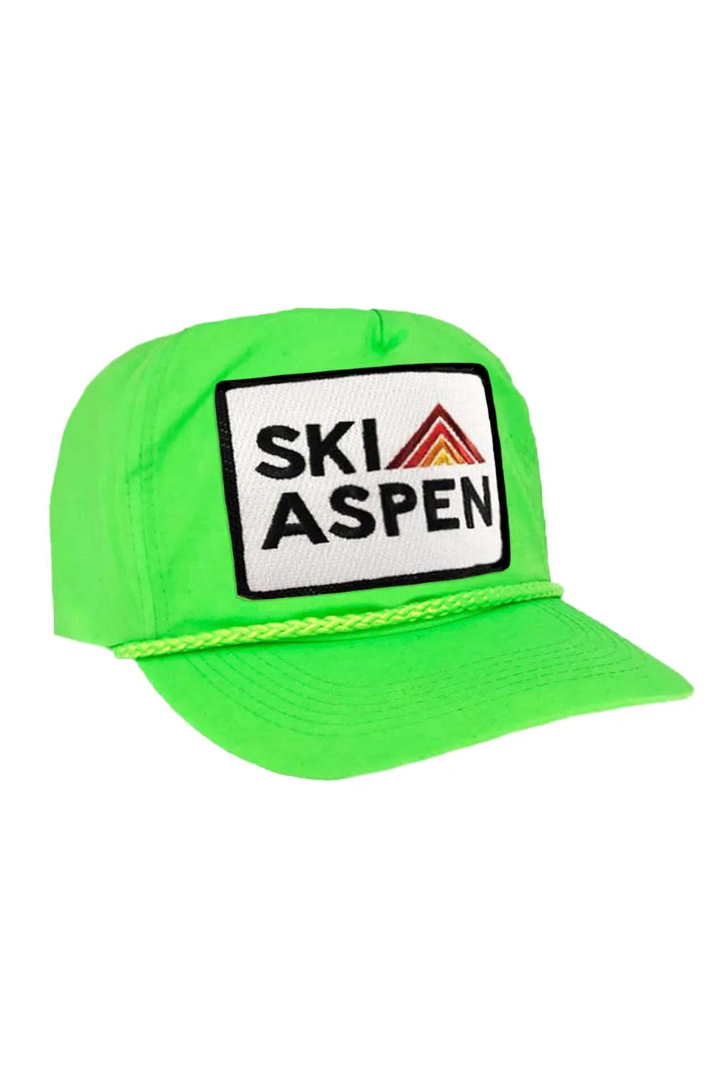 This vibrant green "Ski Aspen" cap by Aviator Nation features a bold front patch with the text in striking black letters, complemented by a red and brown striped triangular mountain design, all on their vintage nylon trucker hat style.