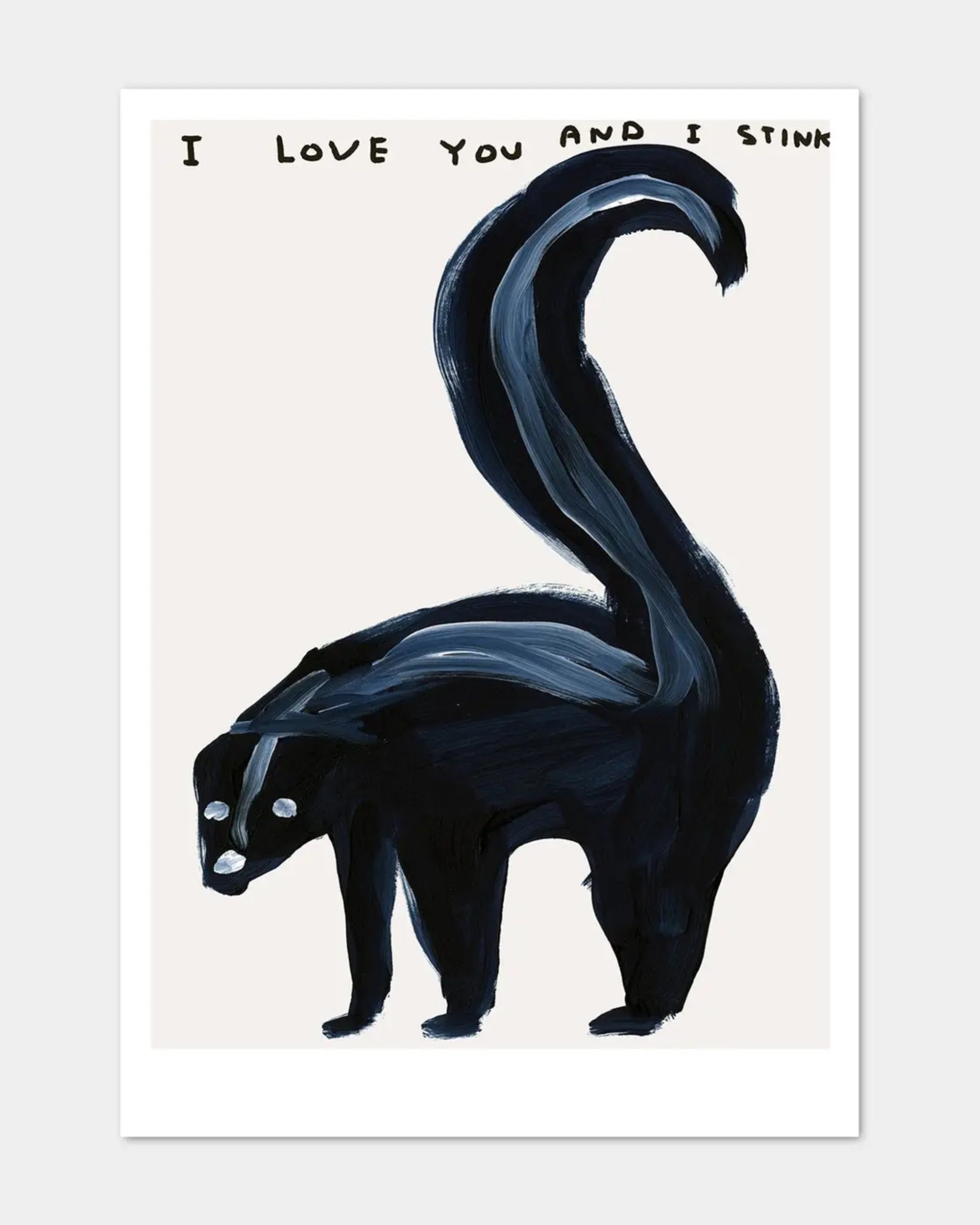 The "I Love You and I Stink" postcard by Faire features a quirky skunk with white markings, inspired by David Shrigley. Handwritten text above reads, "I LOVE YOU AND I STINK," set against a plain, light background.
