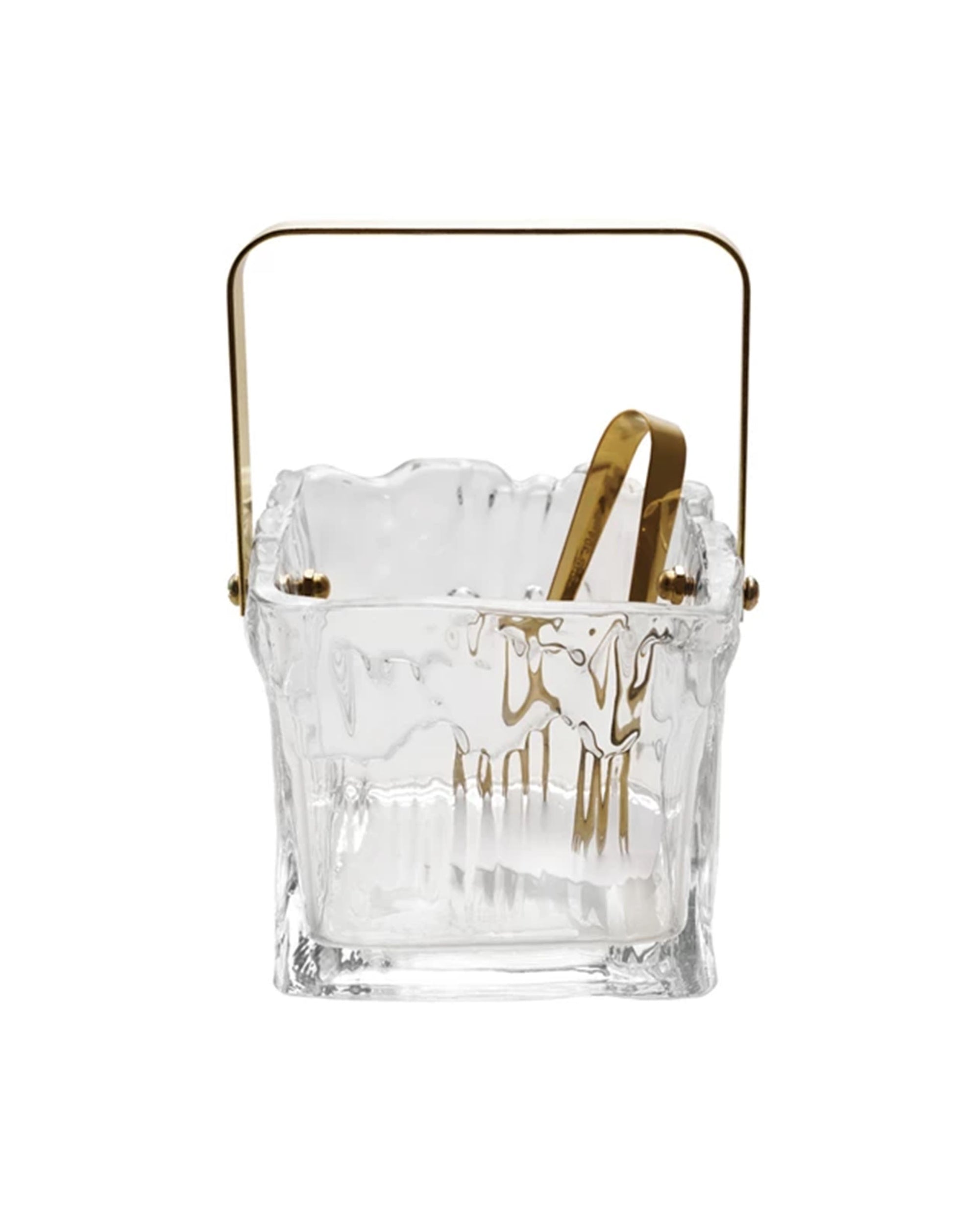 The Creative Co-op Glass Ice Bucket with Tongs features a textured design, gold metal handle, and matching gold tongs, adding elegance to your entertaining essentials.