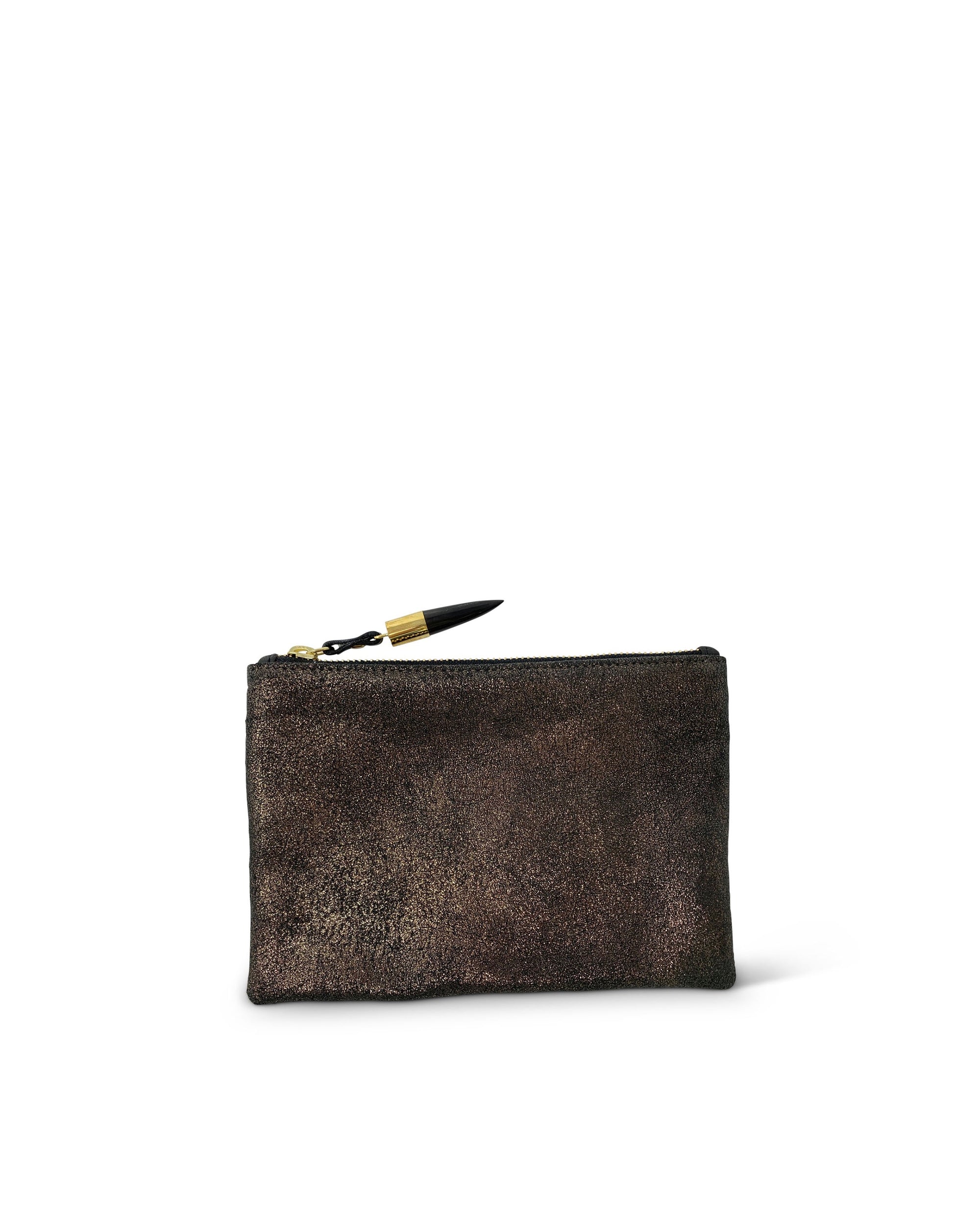 Kempton & Co. Small Pouch: A textured dark brown lambskin leather zippered pouch with a gold zipper pull, shown on a plain white background.