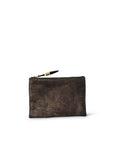Kempton & Co. Small Pouch: A textured dark brown lambskin leather zippered pouch with a gold zipper pull, shown on a plain white background.