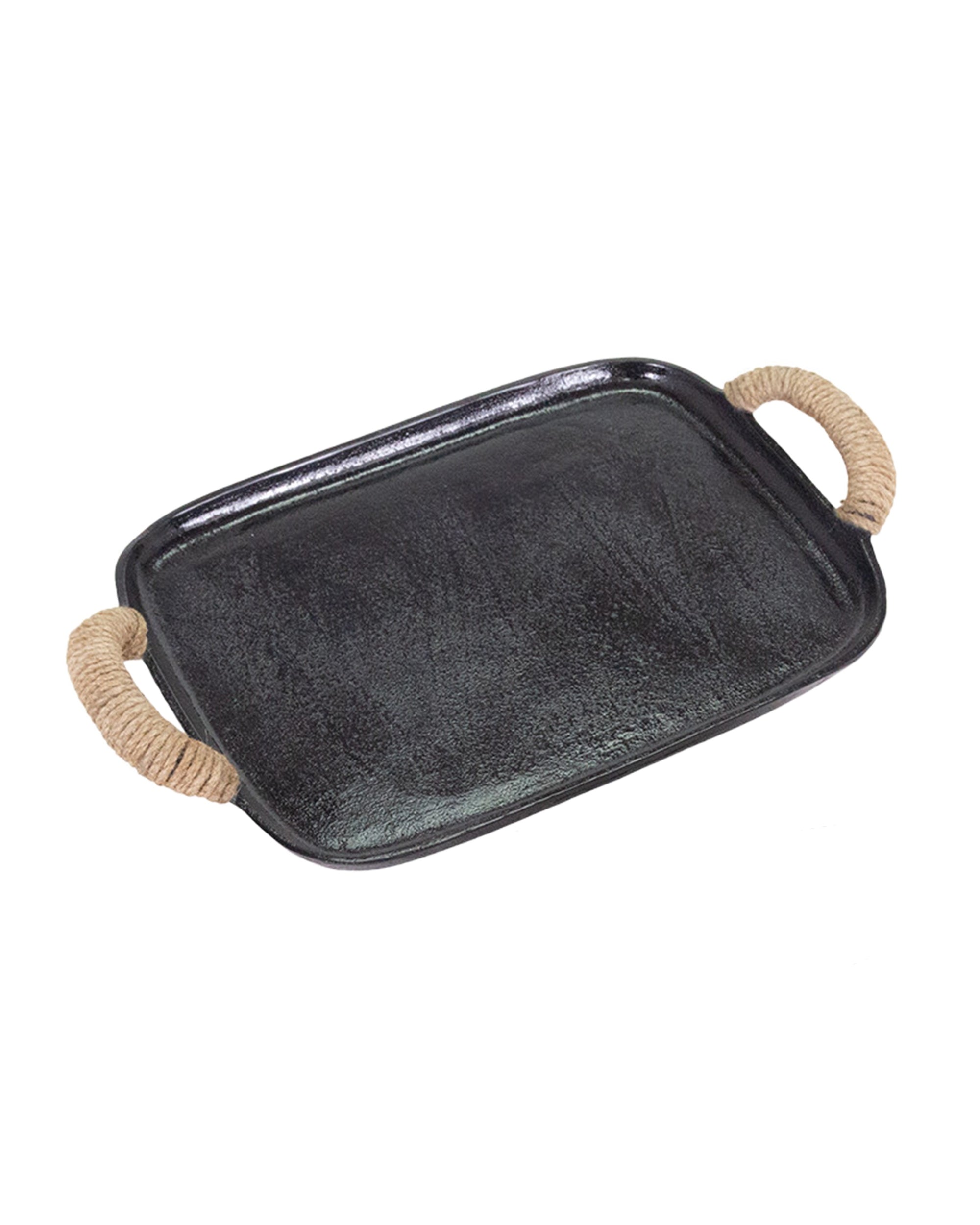 The Chi Chi Tray Small by The Import Collection features a rectangular black design with slightly raised edges and jute-wrapped side handles, adding transitional style elegance to any space. Set against a white background.