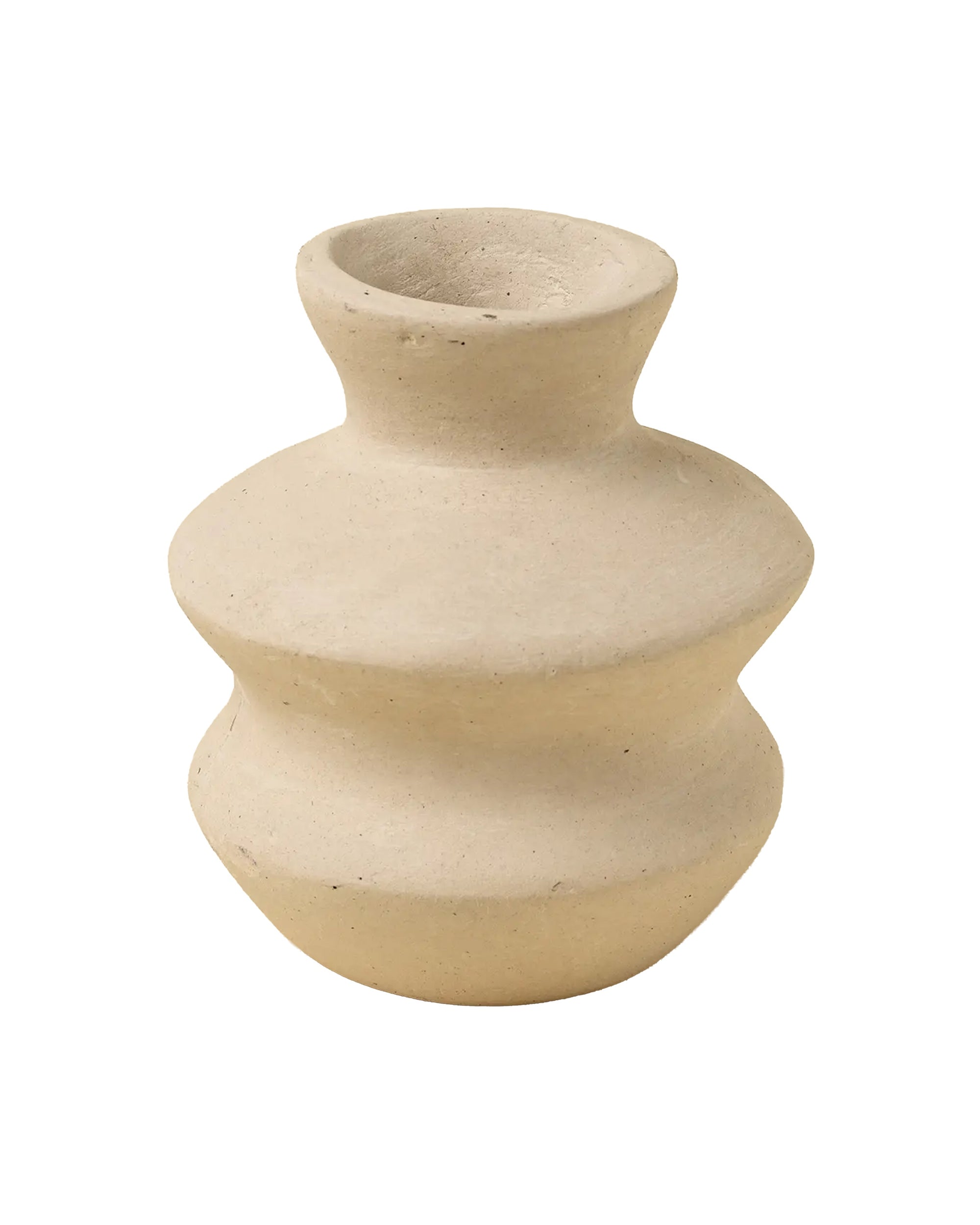 The Indaba Wave Paper Mache Bud Vase features a beige matte finish, handcrafted wavy shape with three bulging sections and a narrow opening—ideal for sustainable decor. Shown against a white background.