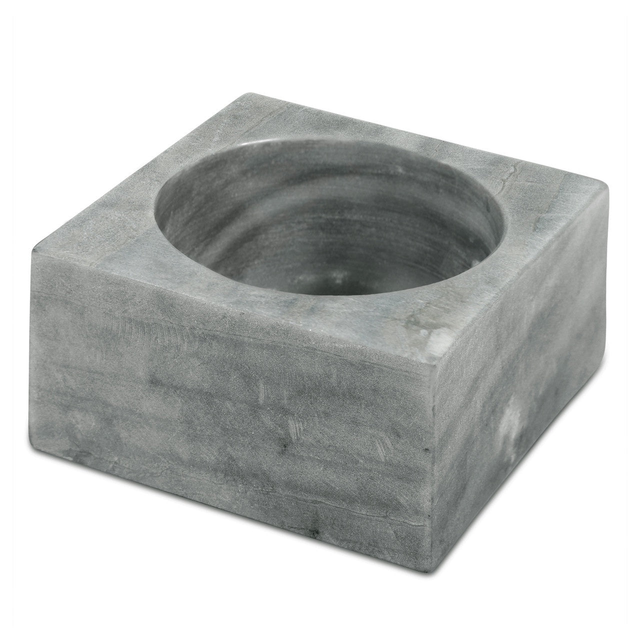 Introducing the Gray Marble Modernist Bowl by Sir/Madam: This square bowl showcases smooth edges and a circular, recessed interior. Made from gray marble, it features subtle veining that adds texture and visual appeal. Its ceremonial quality enhances its elegance and significance in any setting.