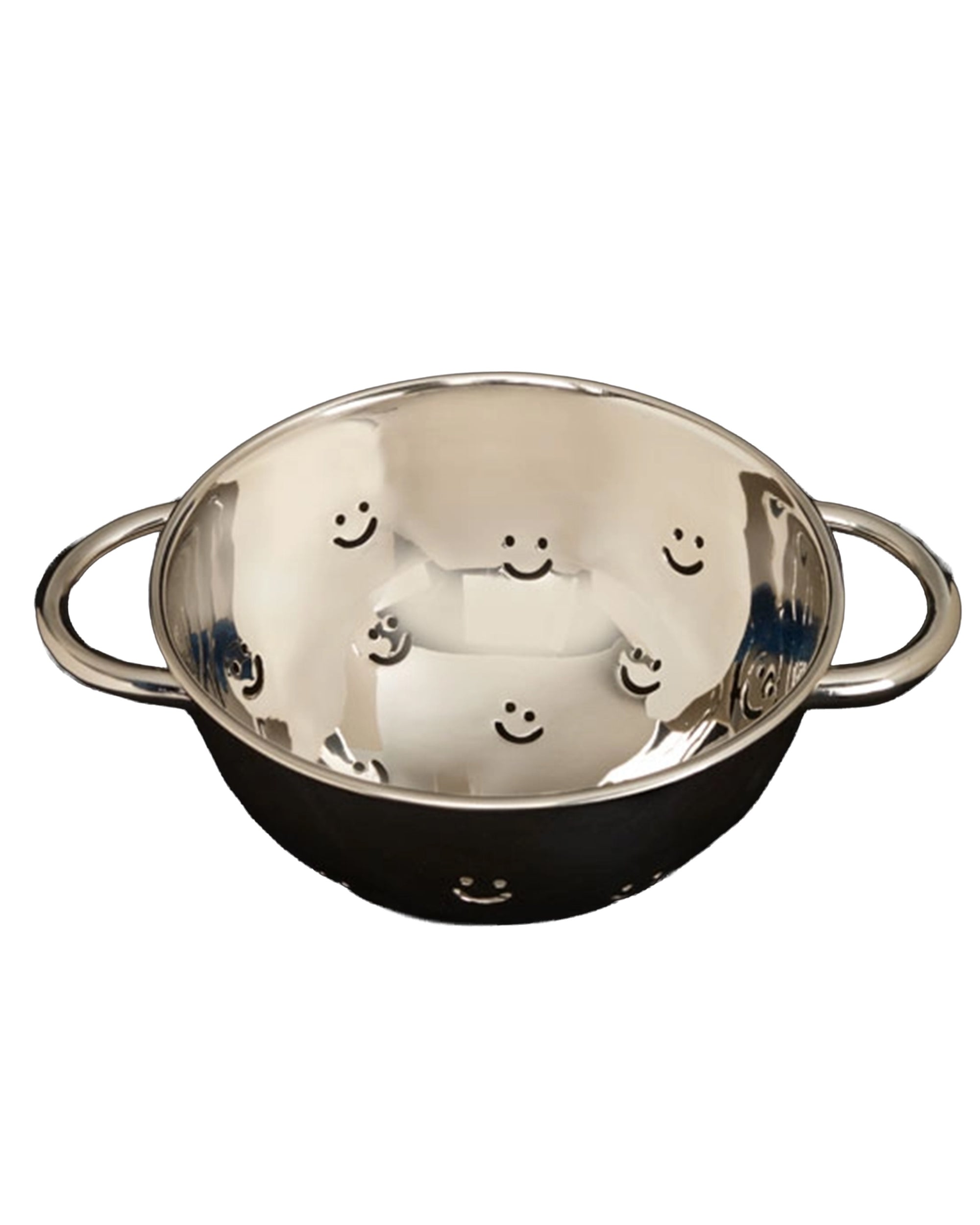 The Faire Mini Berry Happy Bowl is a shiny stainless steel colander with two handles and cheerful smiling face cutouts—ideal for rinsing berries or serving as a cute mini berry bowl.