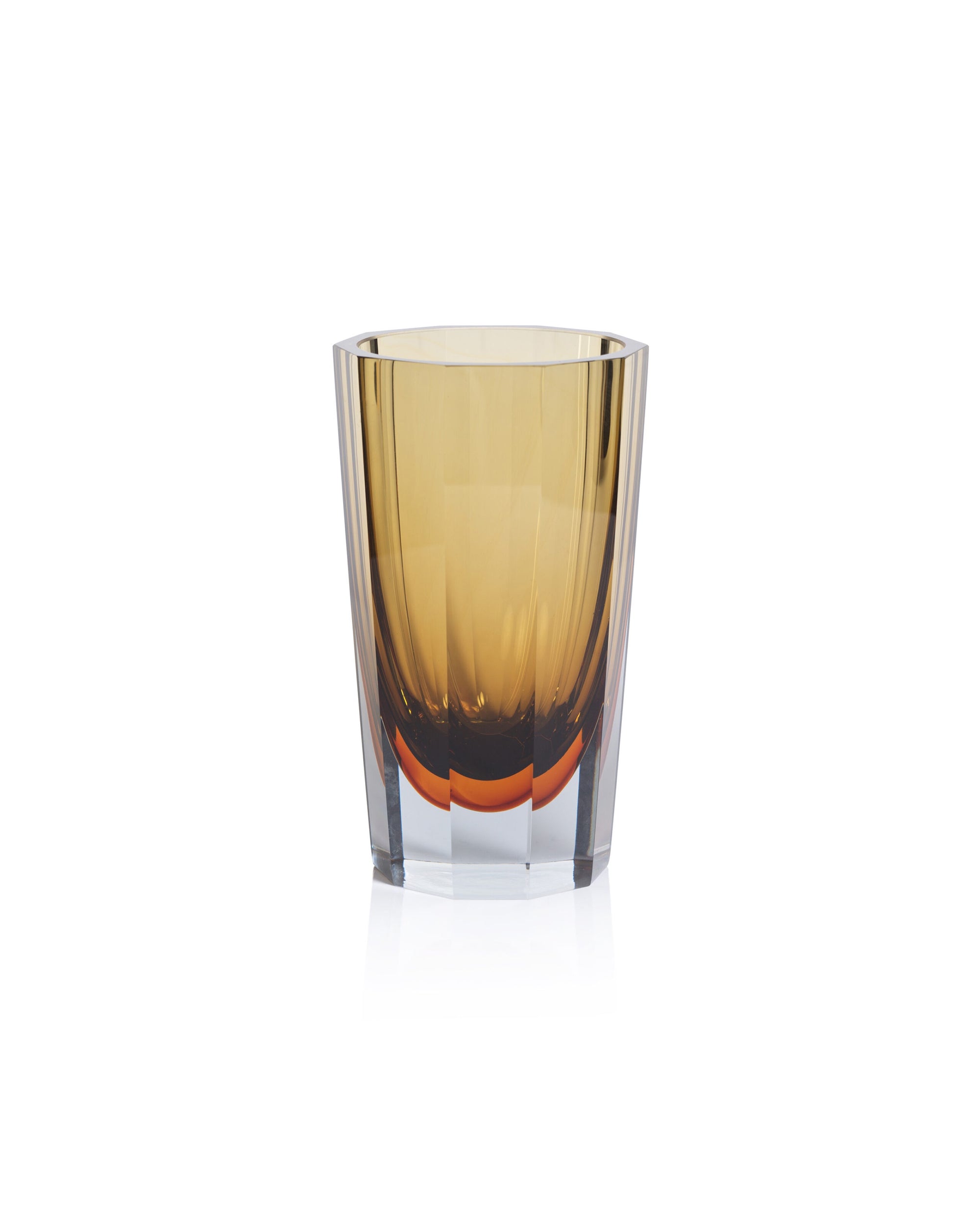 The Zodax CH-7465 Smoke Vase L features straight sides and a thick, faceted base with an amber tint, making it a stylish decorative piece for your home decor. Shown here on a white background.