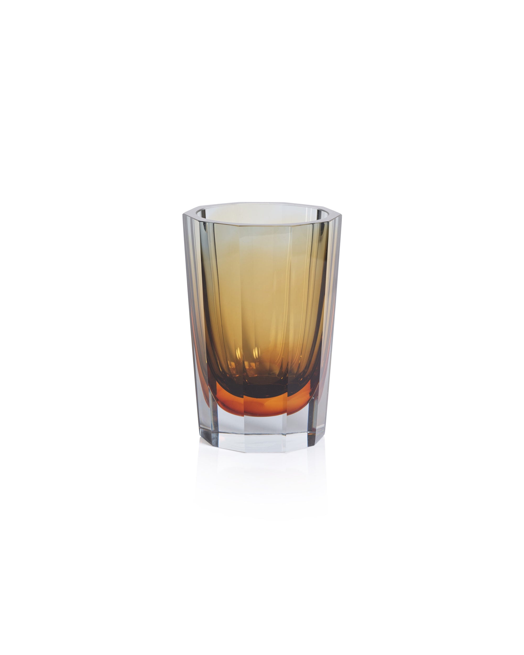 The CH-7464 Smoke Vase S by Zodax is a clear glass vase with faceted sides and a deepening amber gradient toward the base, displayed as an elegant decorative piece on a white background.
