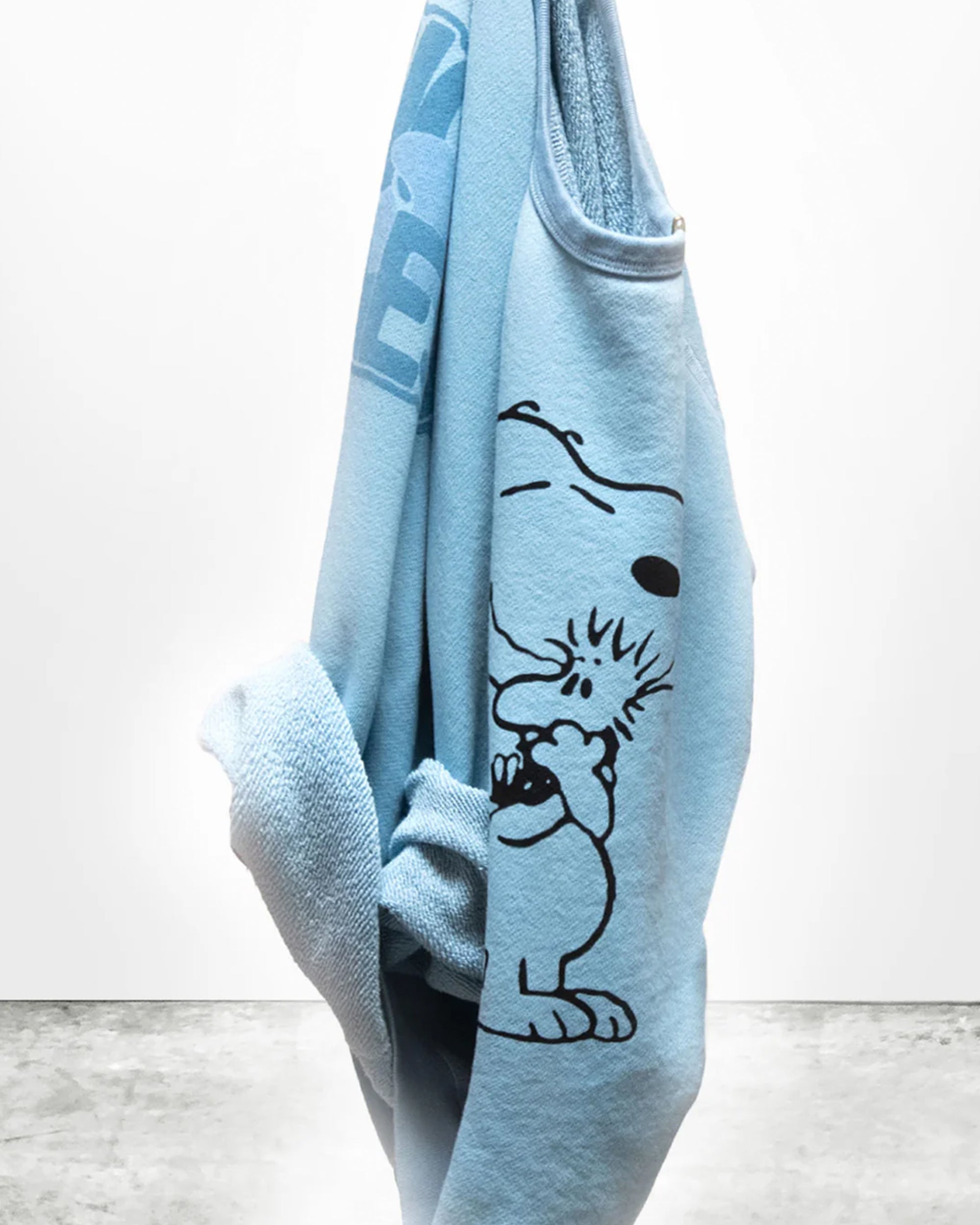 A BasicGoodness Schulz Raglan by Free City (sparrow, LLC), in light blue and made in the USA, features a black outline graphic of Snoopy hugging Woodstock. It hangs on a plain, light background.