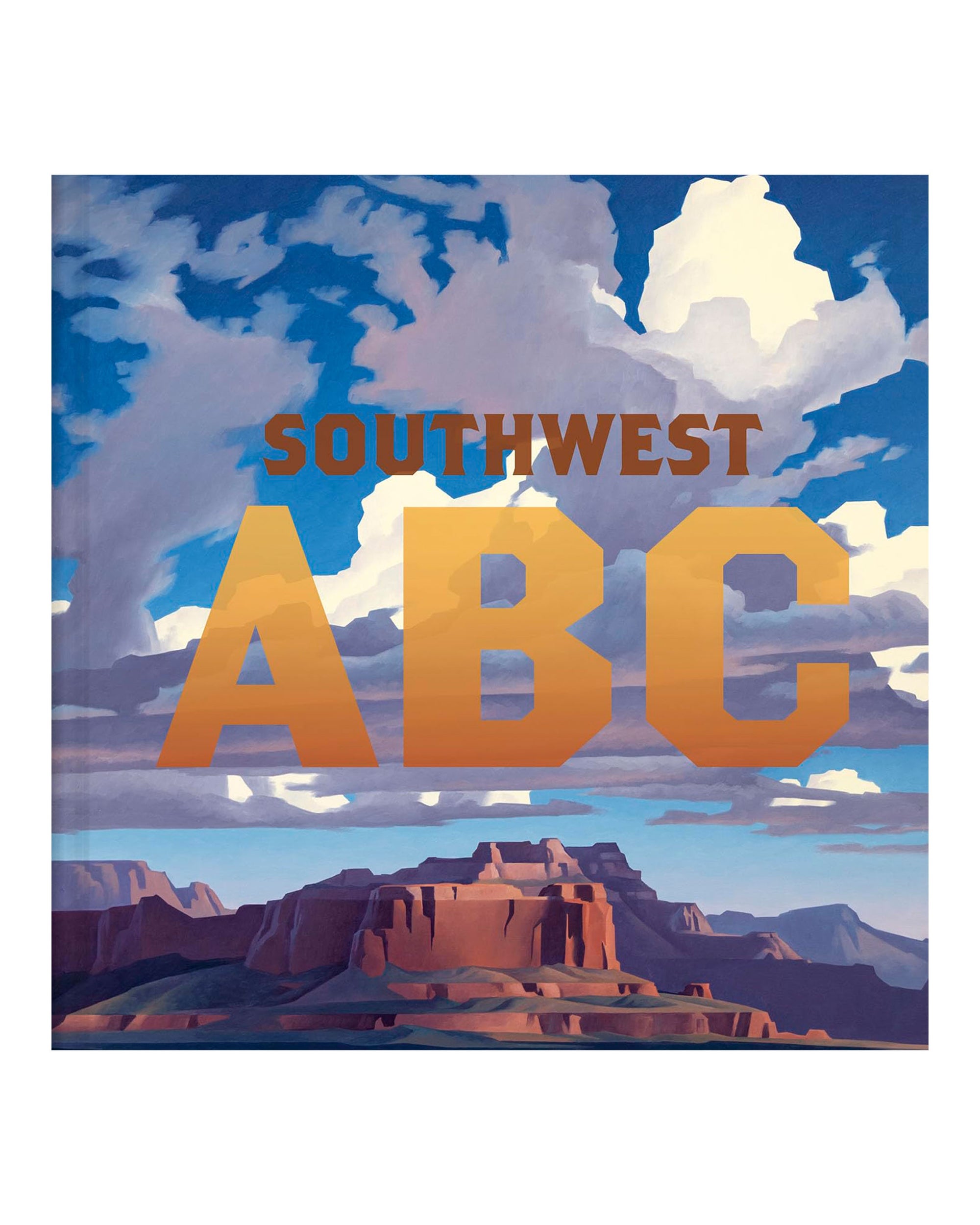 The "Southwest ABC" book cover by Random House displays bold orange text amid dramatic clouds and red rocks, reflecting the American Southwest—ideal for young readers visiting the Phoenix Art Museum.