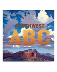 The "Southwest ABC" book cover by Random House displays bold orange text amid dramatic clouds and red rocks, reflecting the American Southwest—ideal for young readers visiting the Phoenix Art Museum.