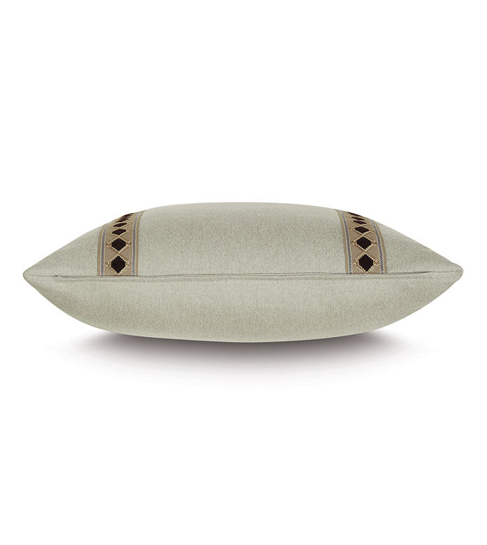 Light gray euro sham with brown and black trim, Steeplechaser Diamond Tape by Eastern Accents, side view.