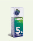 A clear plastic box contains Speks -512 Gradiante Soothe by Faire—small, colorful magnet balls in a cube. The packaging features "SPEKS.", "spectacularly magnetic.", and a green-blue gradient background. Great for stress relief and creativity.