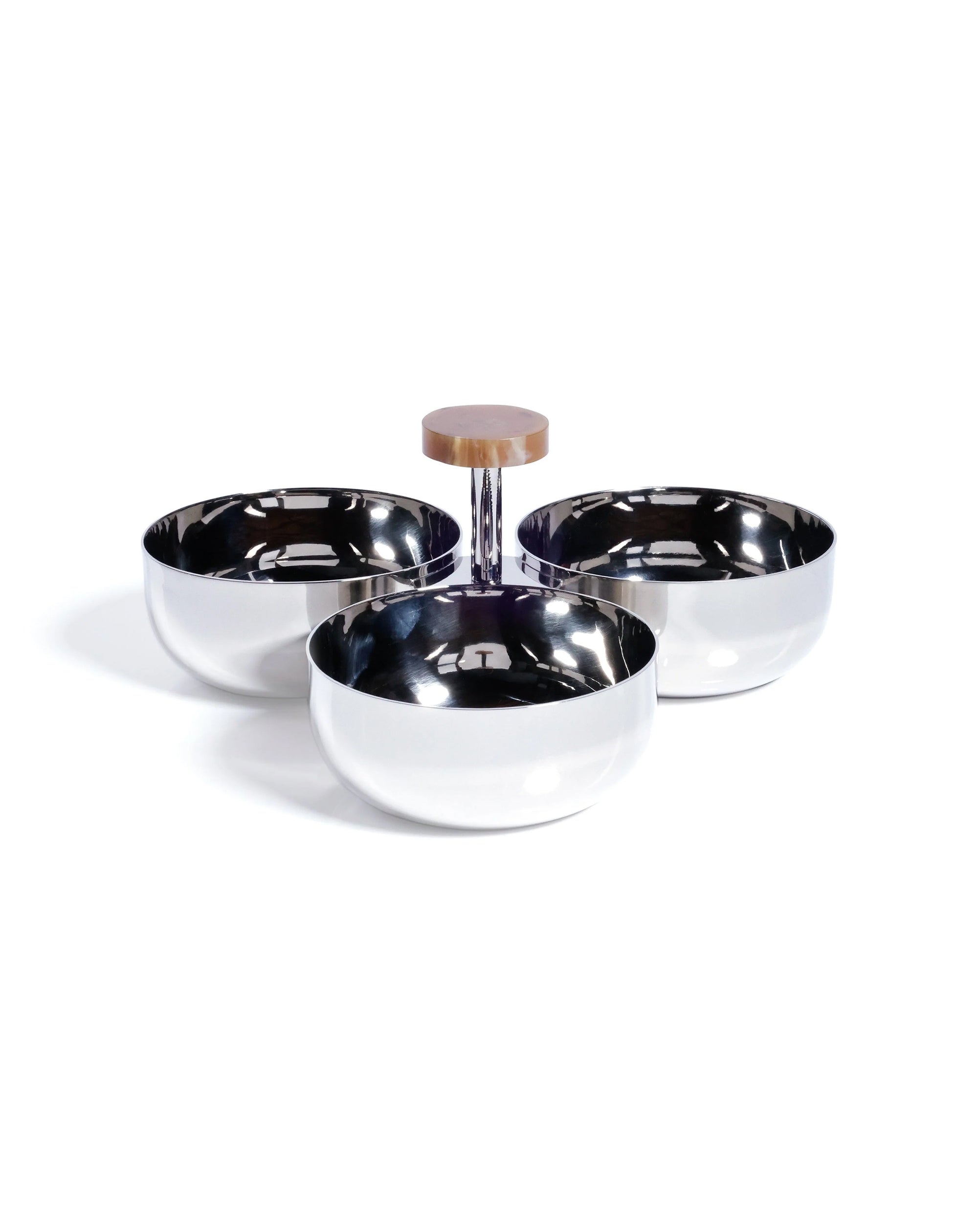 The IN-8128 Spinga Condiment Set by Zodax features three reflective silver bowls in a triangular arrangement, connected by a short stand with a round wooden handle—an elegant polished nickel set ideal for modern entertaining.
