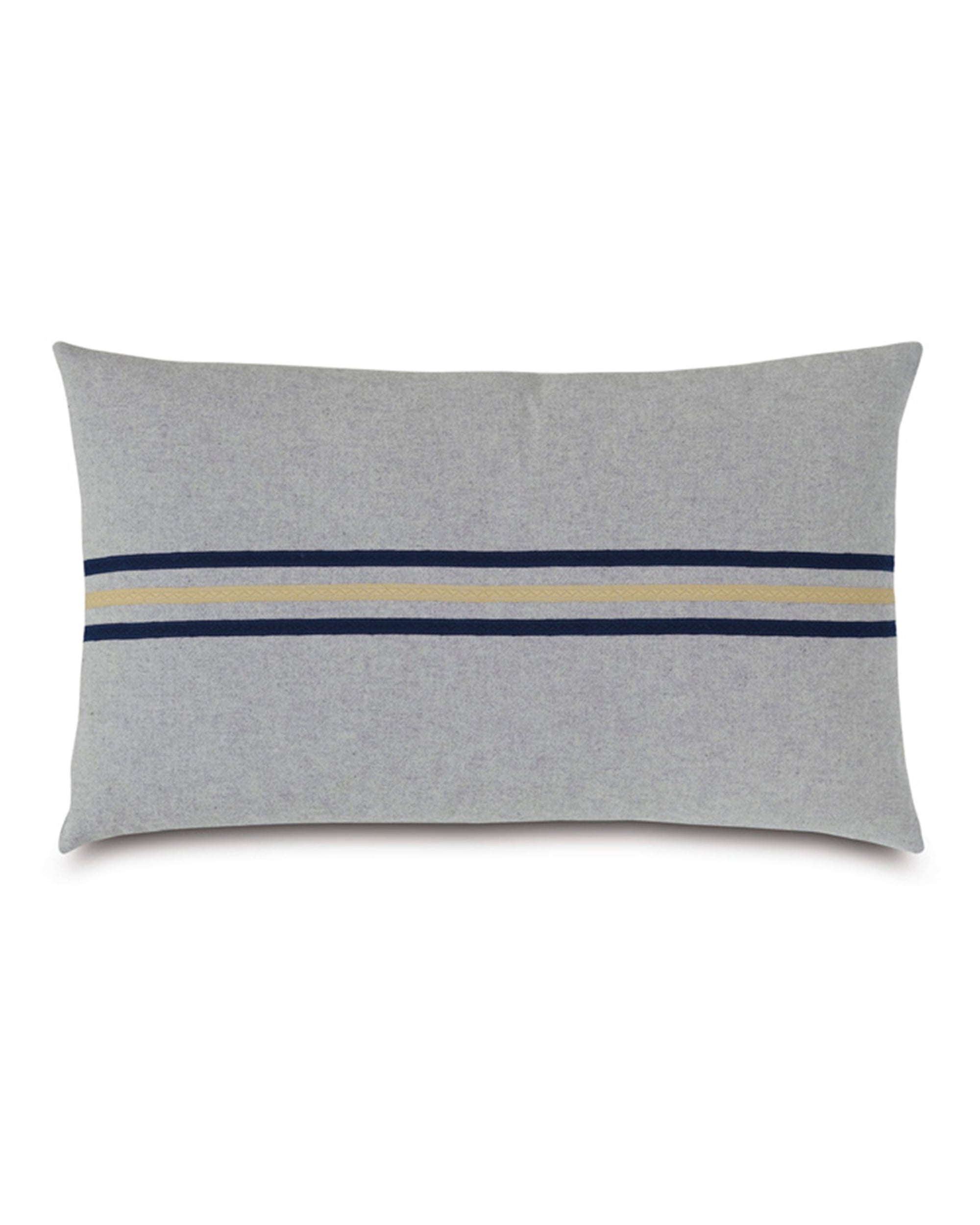 The Sprouse Linear Pillow by Eastern Accents is a rectangular light gray pillow featuring horizontal dark blue, tan, and light blue stripes across the center. It has a minimalist design and a zipper closure.