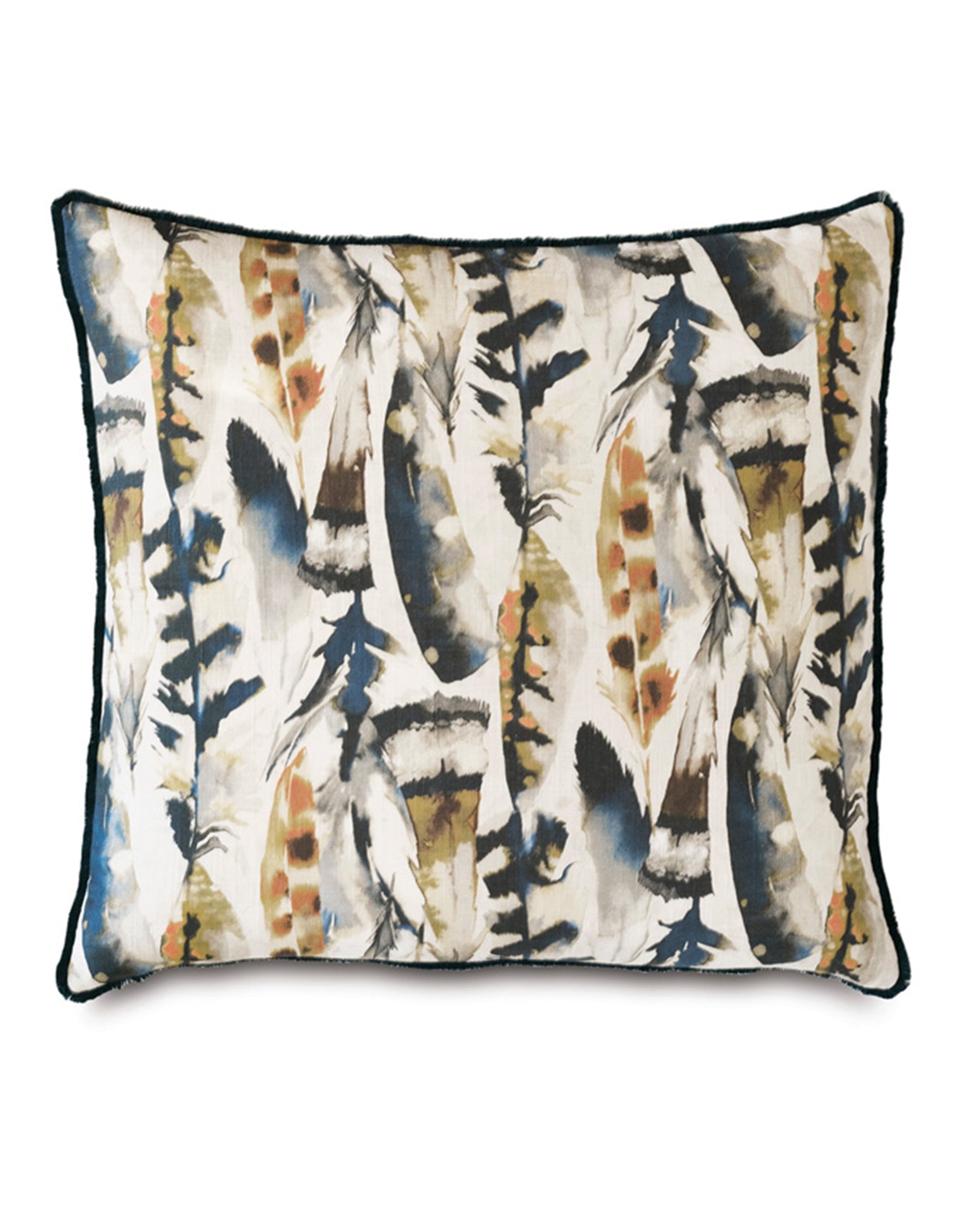 The Sprouse Watercolor pillow by Eastern Accents features a rectangular design with watercolor feathers in blue, brown, beige, and black, finished with black piping. Plush insert included for comfort.