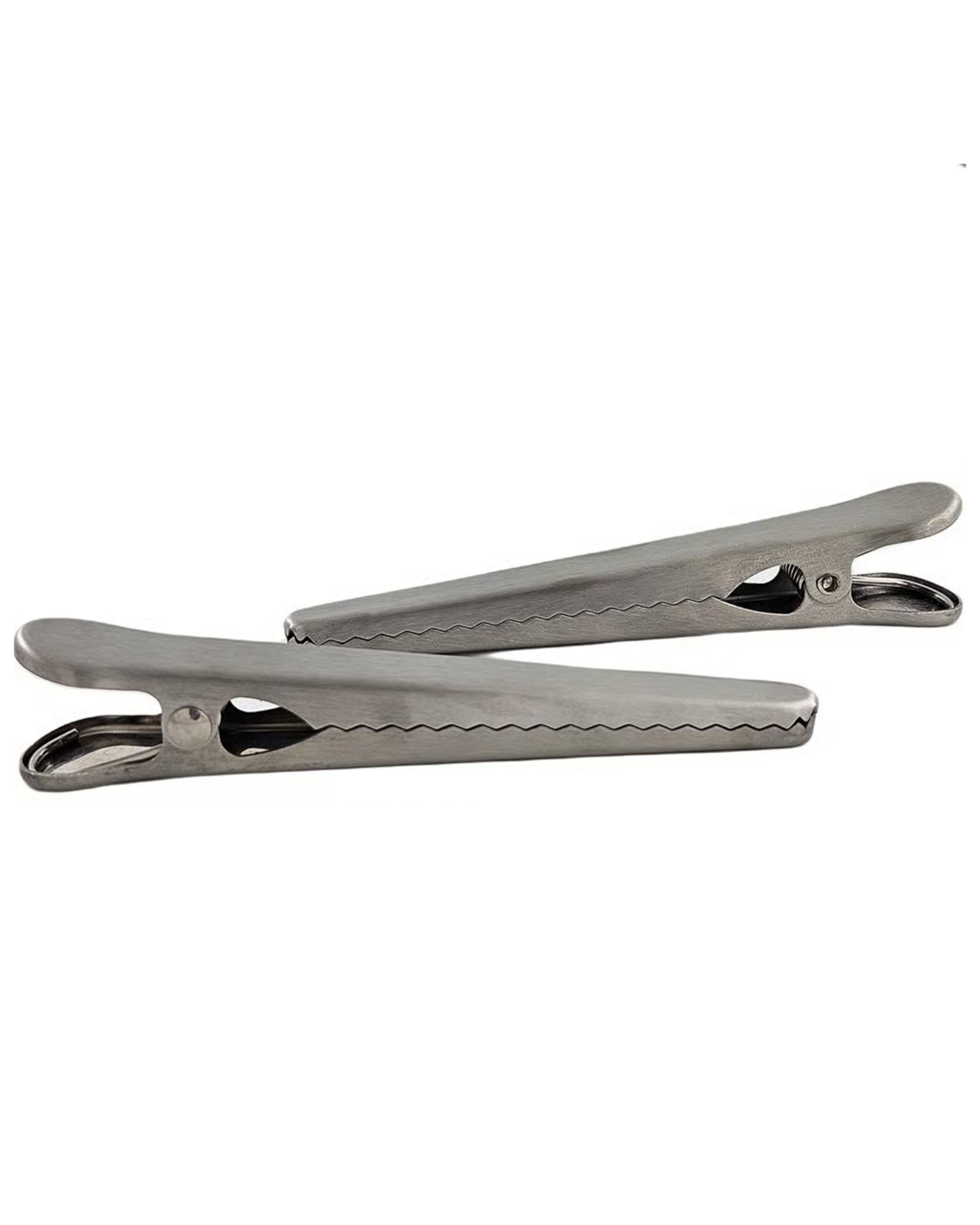 Two Fox Run Brands Stainless Bag Clips, silver with serrated edges and shaped like alligator clips, are shown side by side on a white background.