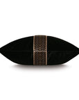 The EBONY CHEVRON pillow by Eastern Accents is a rectangular decorative piece in Winchester Ebony velvet, featuring a central brown and gold patterned band with an elegant vertical chevron trim.