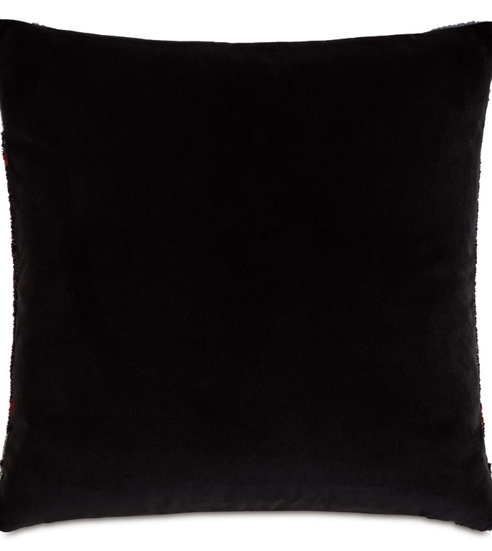 The Eastern Accents Fortnum Kilim 22x22 pillow is a square black velvet accent with a soft texture and subtle tribal motif, displayed against a white background.