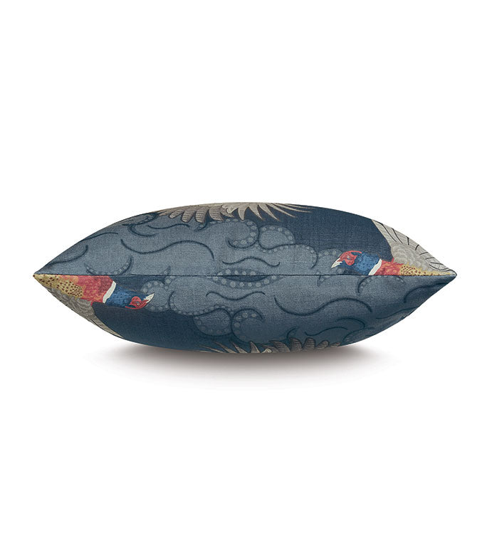 The Barrett Aves Printed throw pillow by Eastern Accents features a rectangular shape, blue cloud-like pattern with red, white, and yellow accents, side view on white backdrop, and an invisible zipper closure for easy care.
