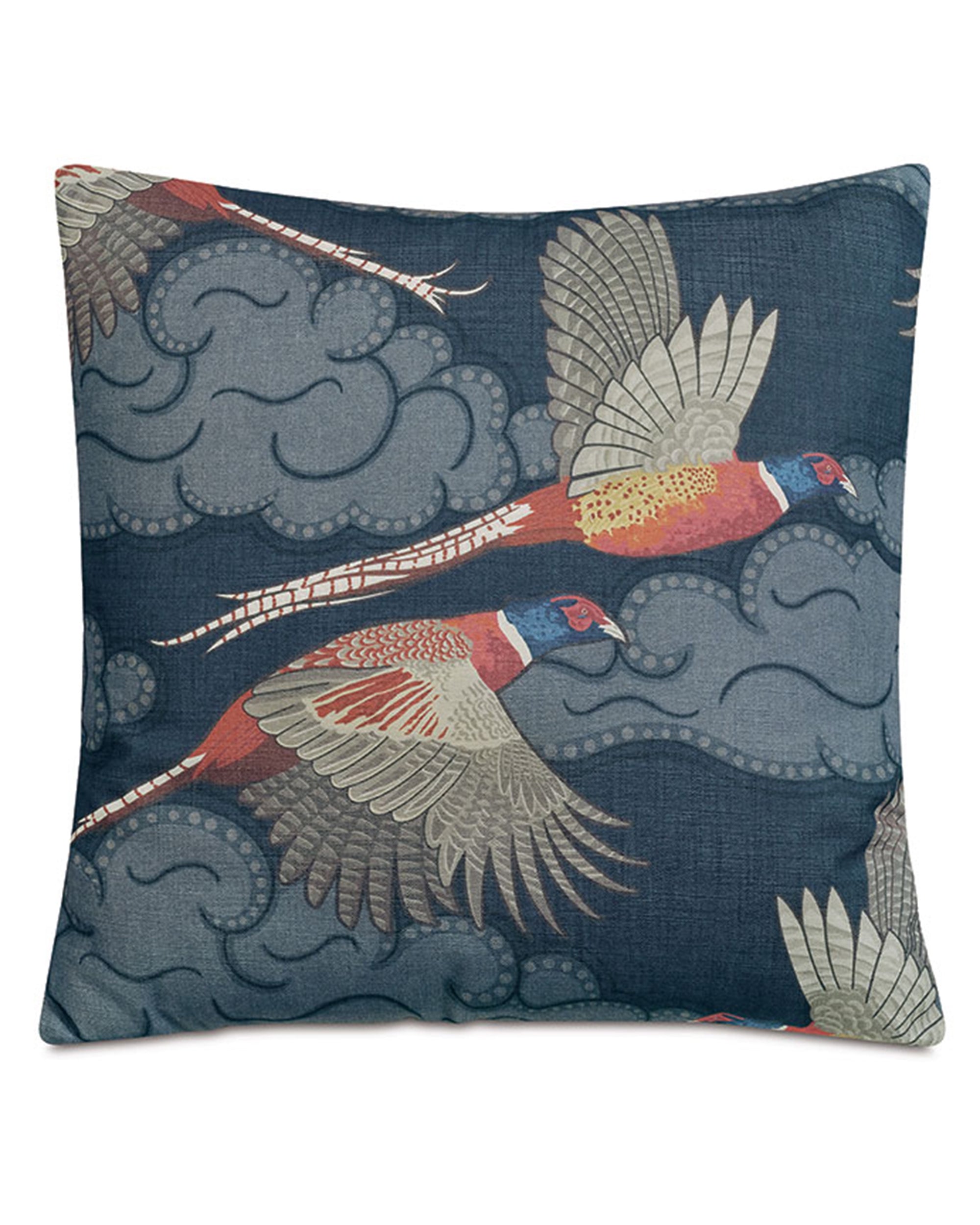 The Barrett Aves Printed throw pillow by Eastern Accents features a dark blue background with colorful flying pheasants, stylized gray clouds, and an invisible zipper closure.