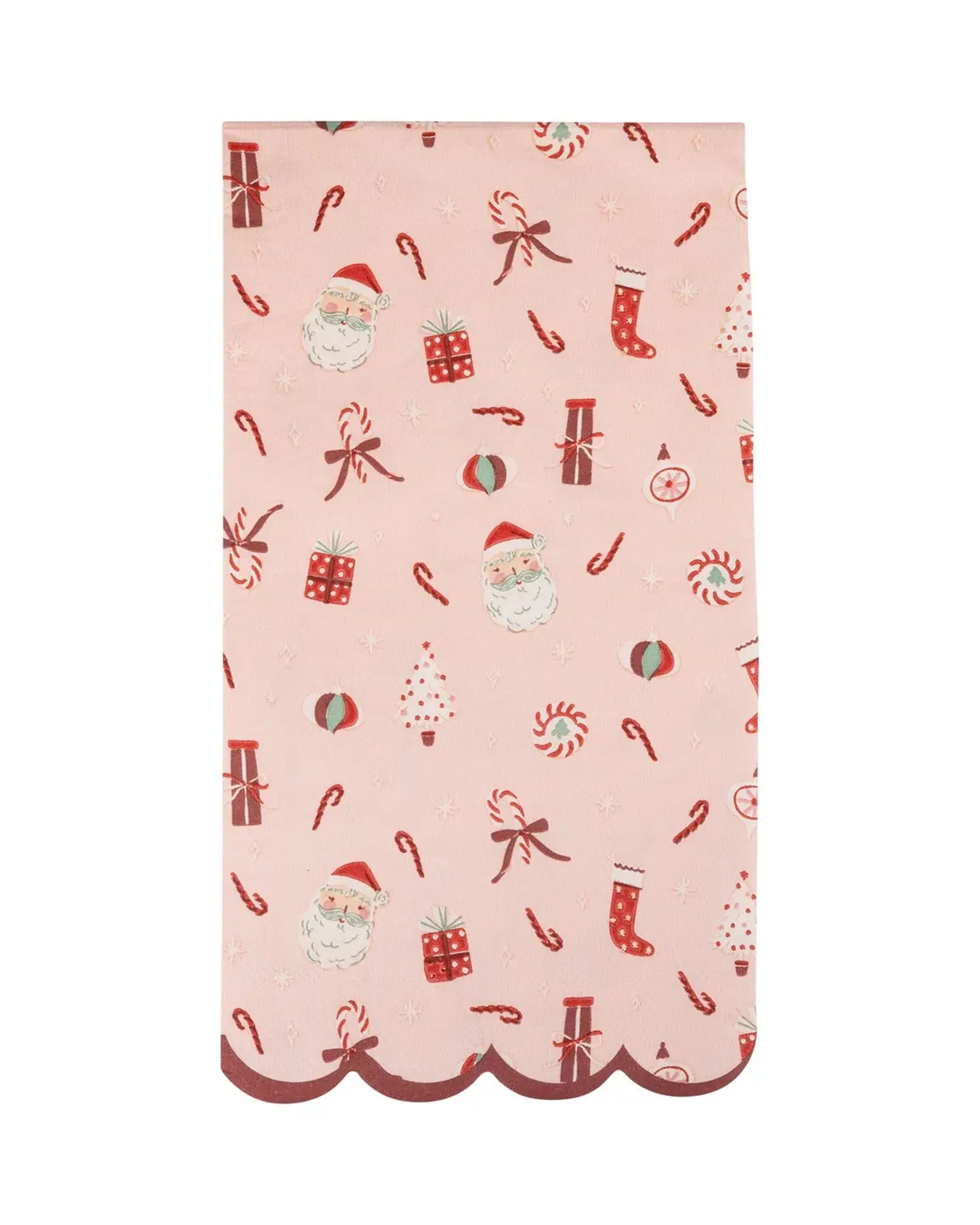 The Christmas Dinner Napkin by My Mind's Eye features a pink holiday theme with scalloped edges, Santa faces, stockings, gifts, and candy canes—perfect festive decor or assorted napkins for your Christmas table.