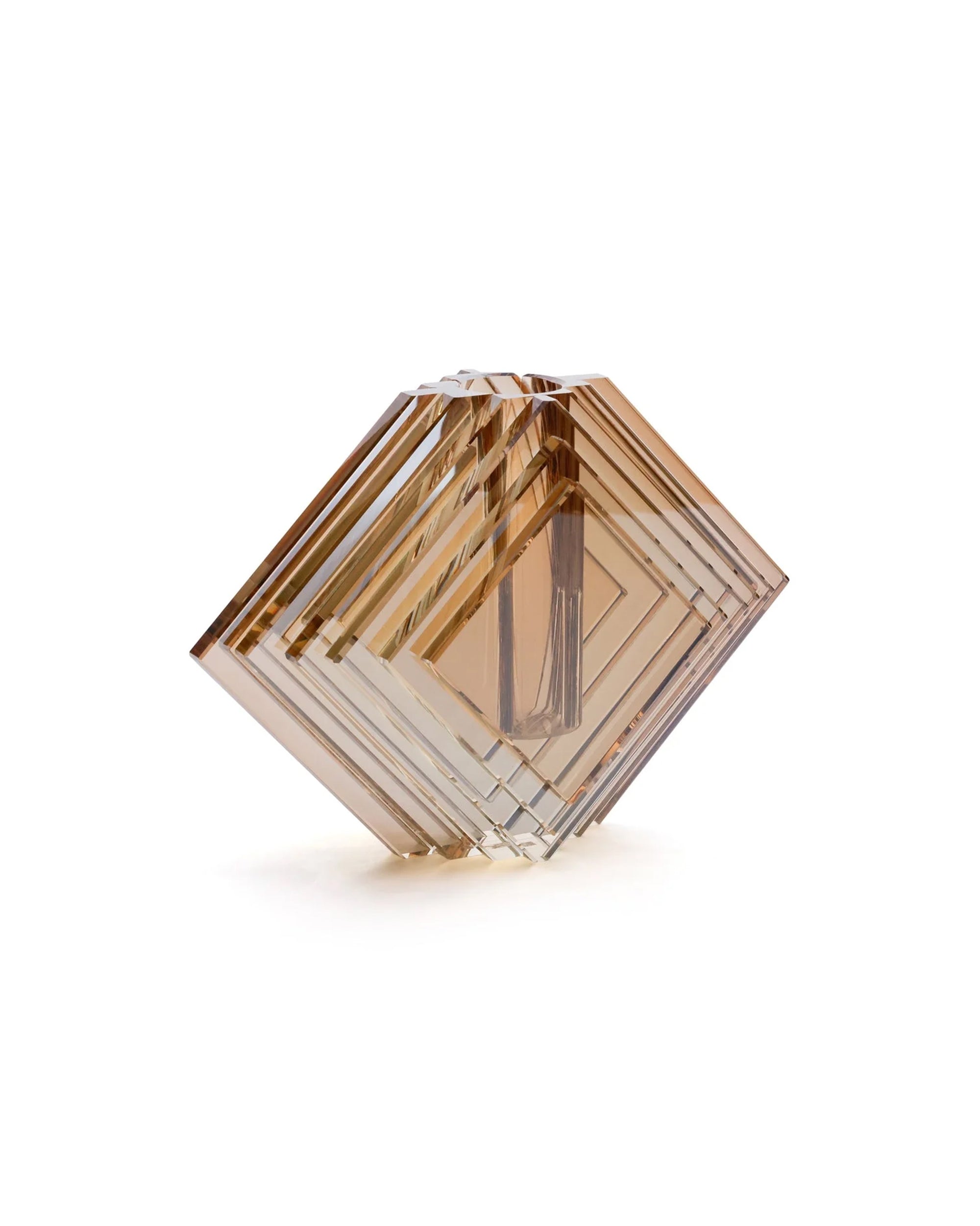 The Zodax CH-8149 Diamond Vase L showcases geometric glass design with diamond layers of square panels, diagonally arranged, and features an amber gradient for a sophisticated, crystal-like elegance.