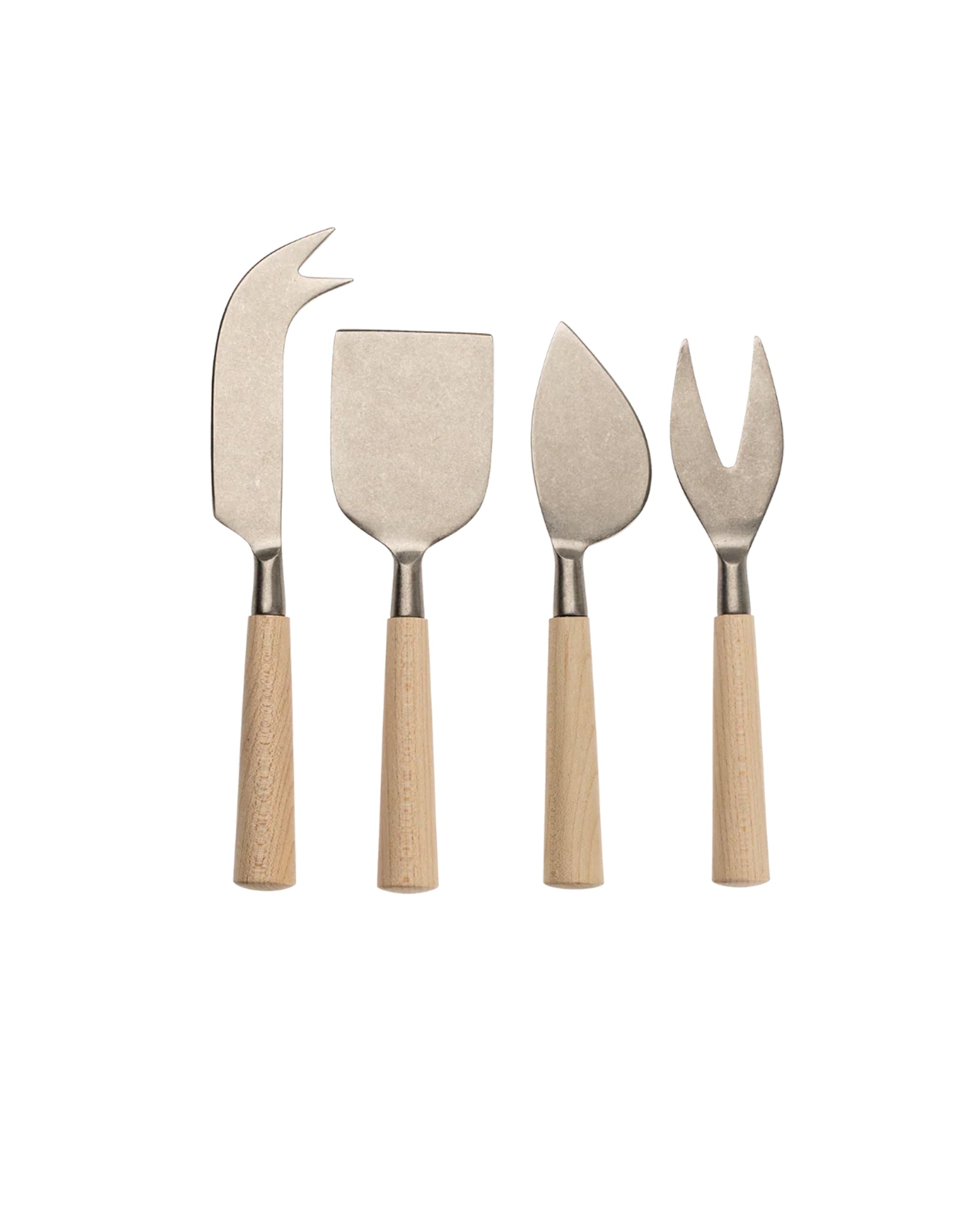 The Indaba 4-7116 Maple Wood Cheese Knives Stainless S/4 features four uniquely shaped stainless steel blades with maple wood handles, perfect for serving different cheeses and making an elegant hostess gift.