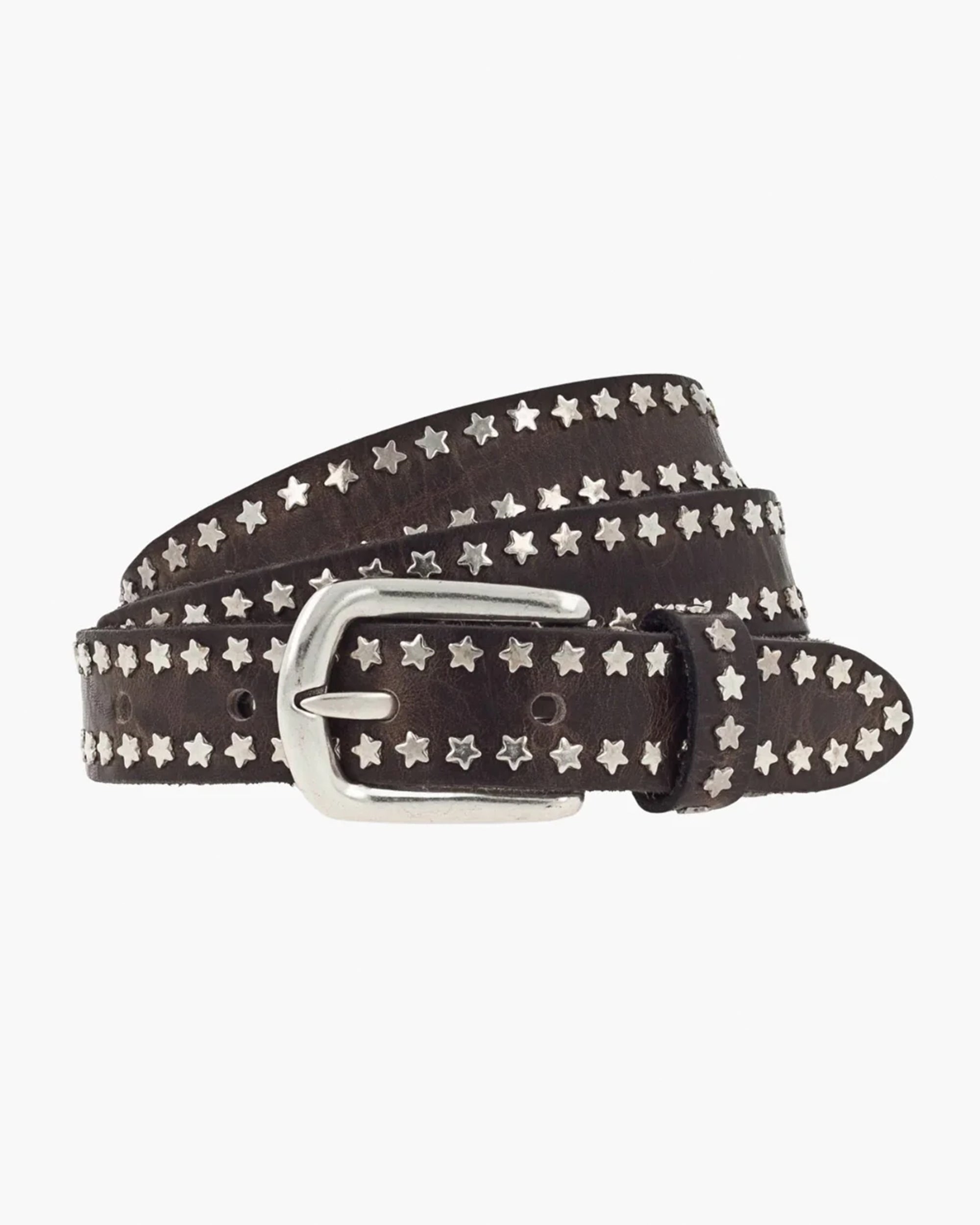The Stina Star Embossed Belt by ICO Sportswear Ltd. is a handmade dark brown leather belt from Germany, featuring silver star-shaped studs and an adjustable silver buckle, coiled to showcase its star pattern.