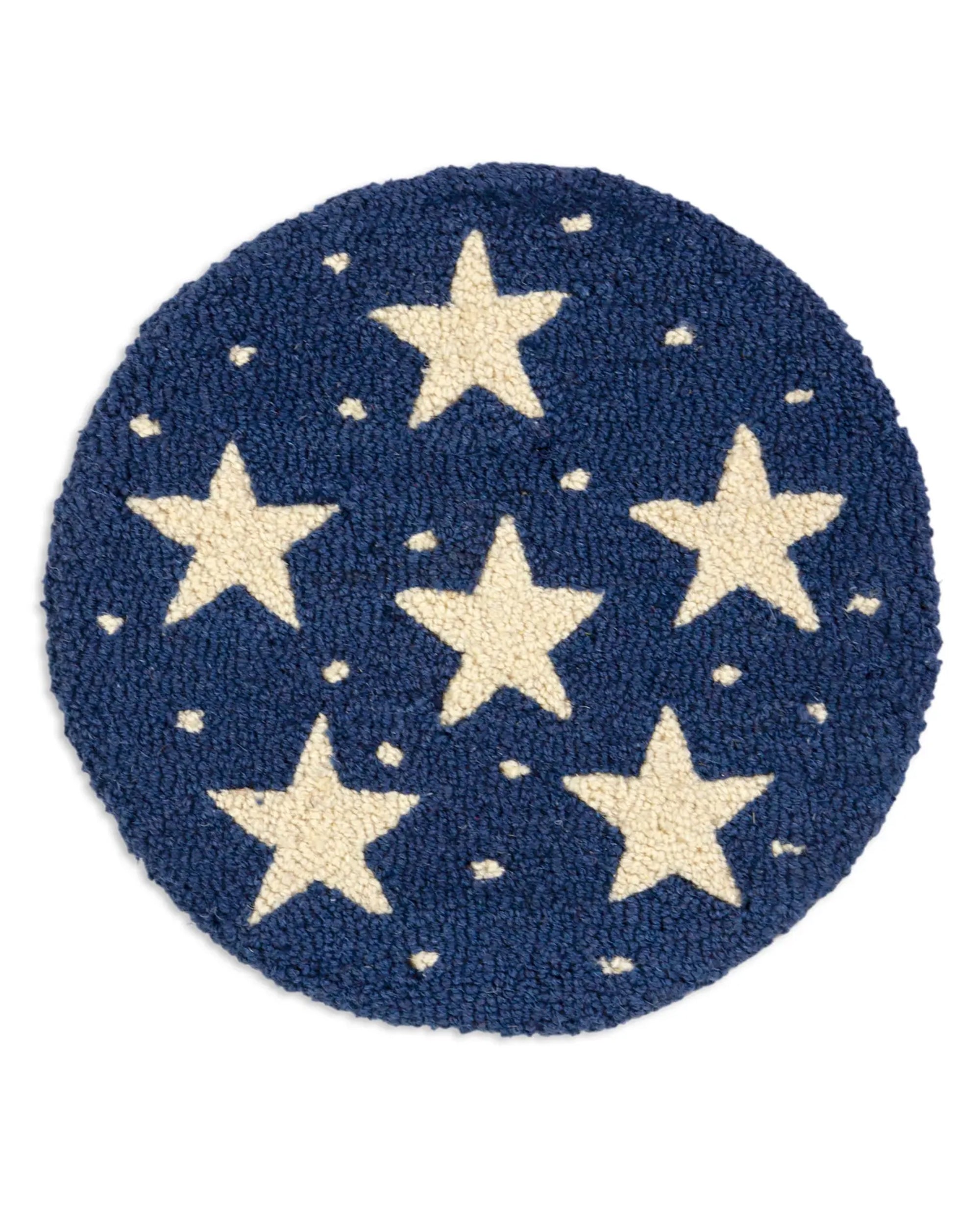 The Faire C4C Midnight Stars Chair Pad features a round, nautical blue textured design with six large white stars and small white dots—a perfect statement wool rug for your chair.