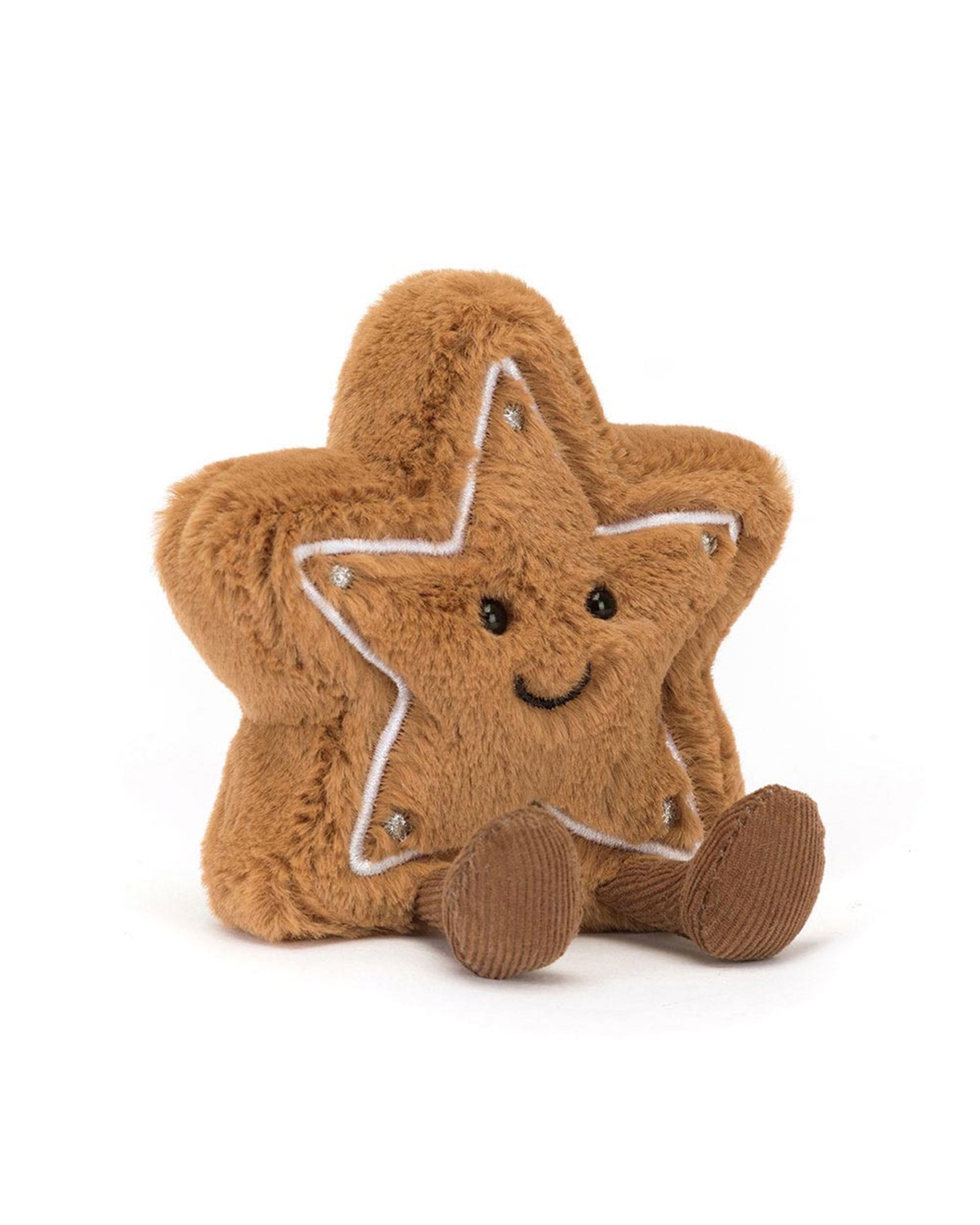The Amuseables Star Cookie by Jelly Cat Inc. is a smiling brown star plush with embroidered eyes and mouth, white-stitched edges, and soft brown corduroy legs.