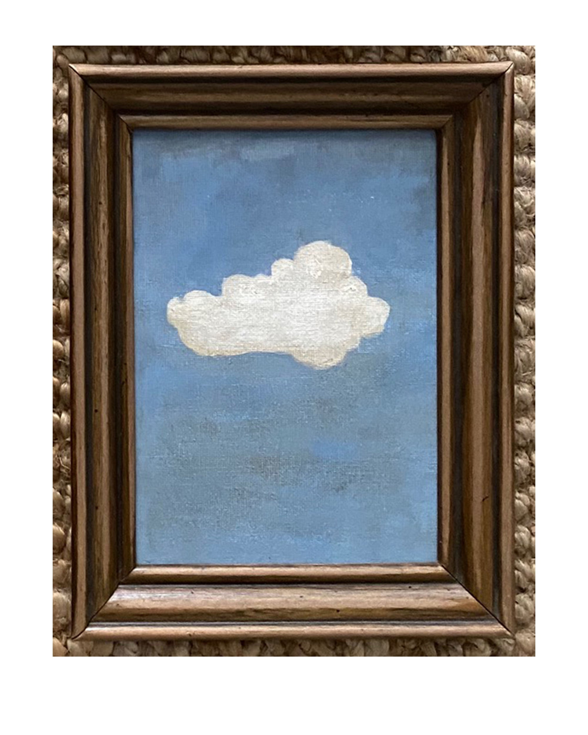 SKY & STARS by Tak Design: A small, hand-painted art piece featuring a single white cloud in a blue sky, beautifully framed in a brown carved wooden frame.