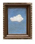 SKY & STARS by Tak Design: A small, hand-painted art piece featuring a single white cloud in a blue sky, beautifully framed in a brown carved wooden frame.