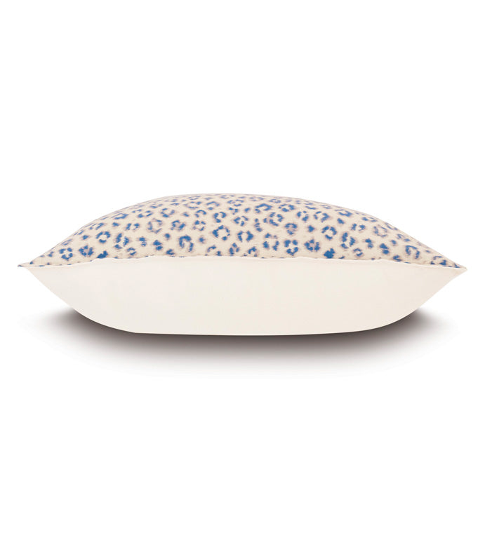 The Tabby Sapphire Sham by Eastern Accents is a rectangular pillow with a white base and blue-beige linen blend animal print, shown from the side on a white background. Pillow insert included.