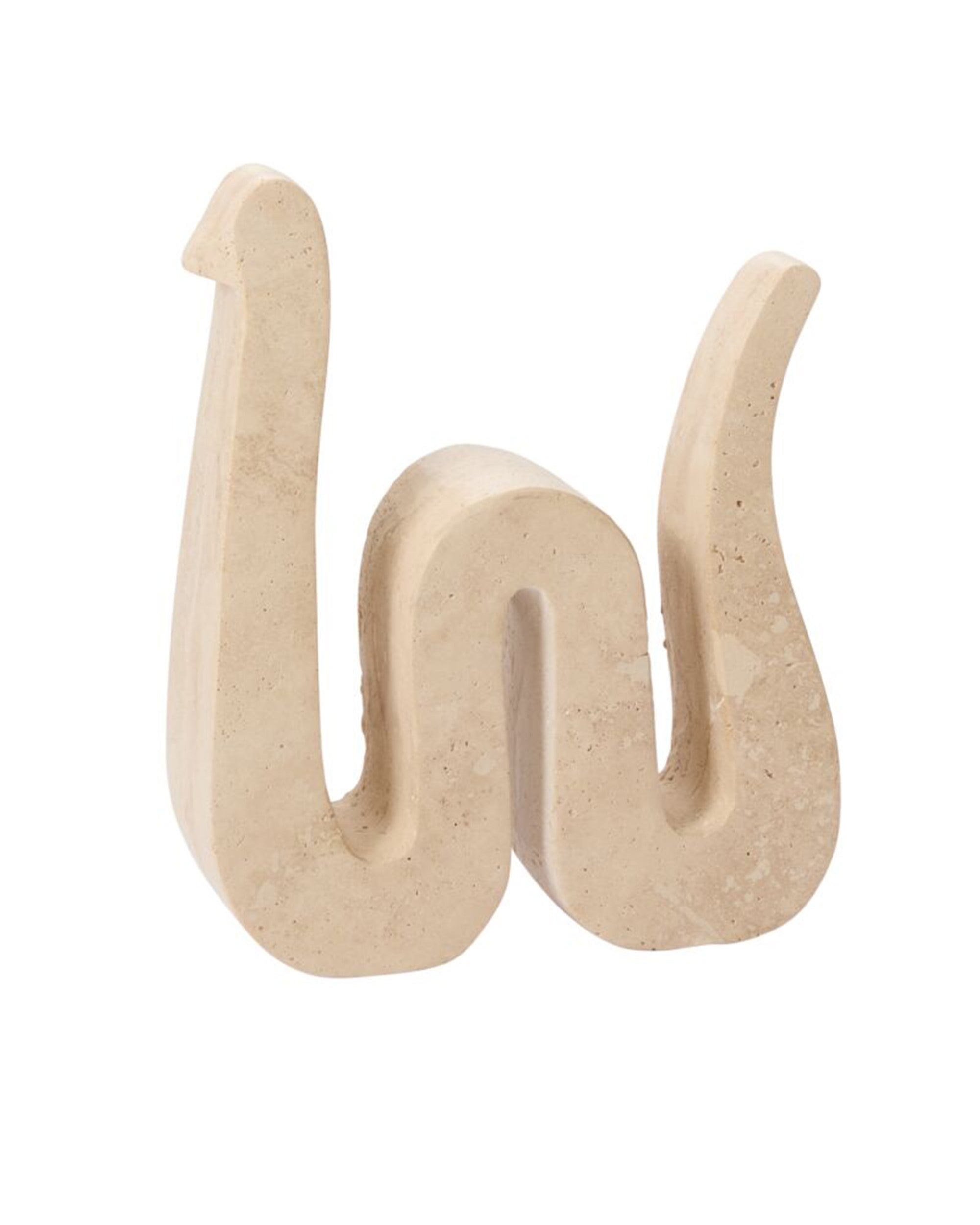 The Kingsnake Sculpture by Accent Decor is a beige, hand-carved travertine piece shaped like a lowercase “w” with elongated, curved ends—perfect as unique home decor against a white background.