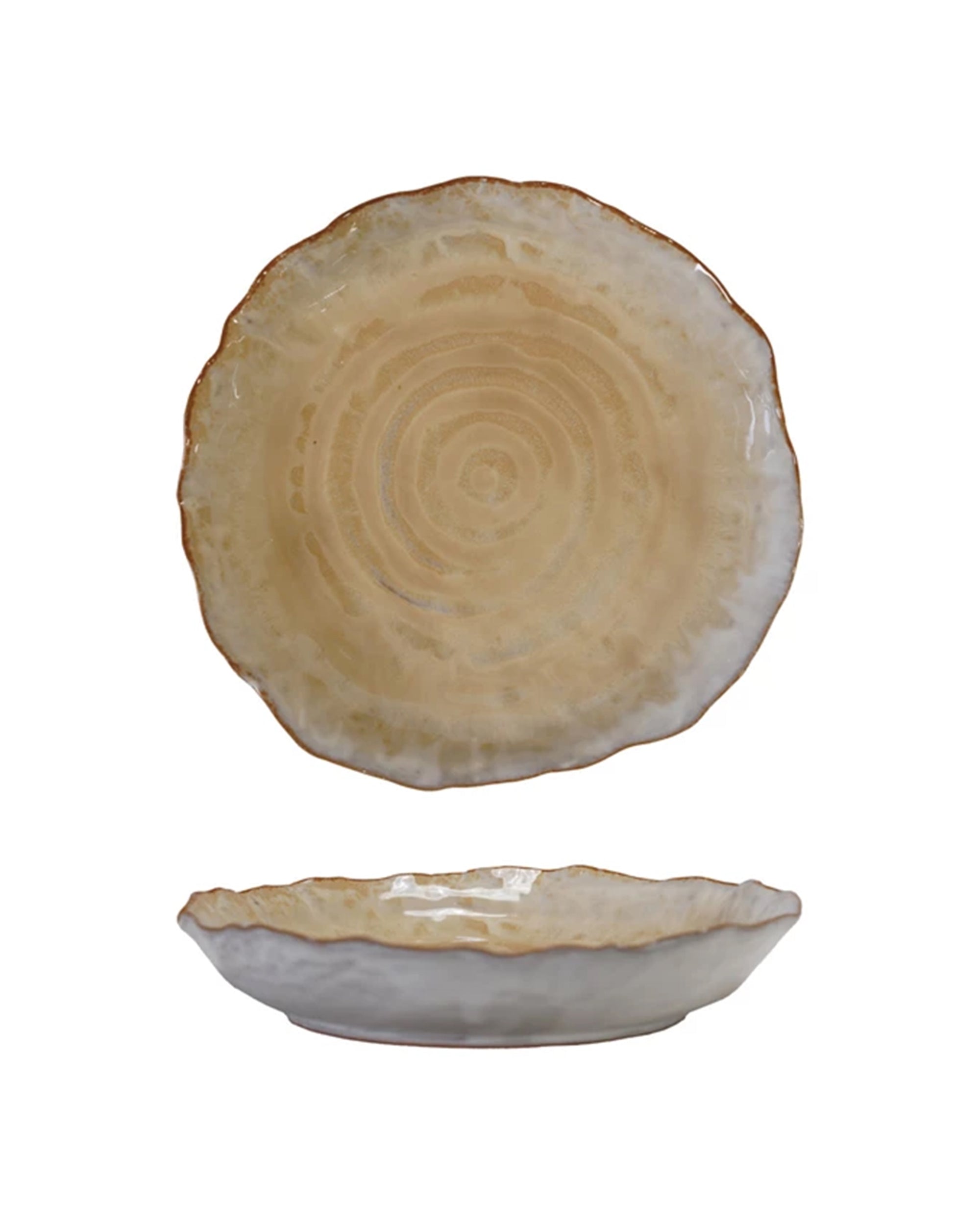 The image shows the Creative Co-op Organic Shaped Plate with a scalloped edge and beige spiral pattern in reactive glaze, featuring both top and side views against a white background.